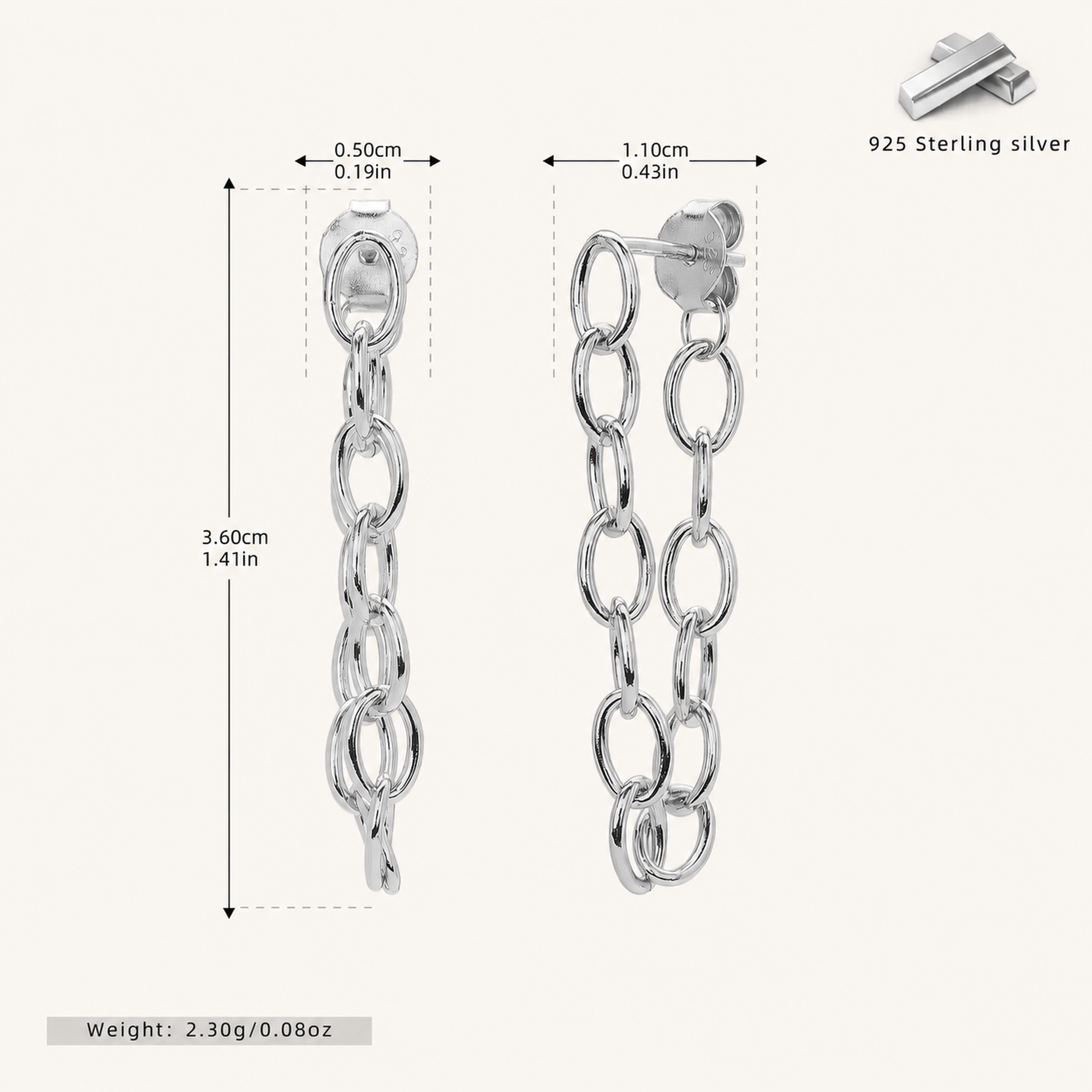 Sterling Silver Chain Tassel Drop Stud Earrings - Platinum