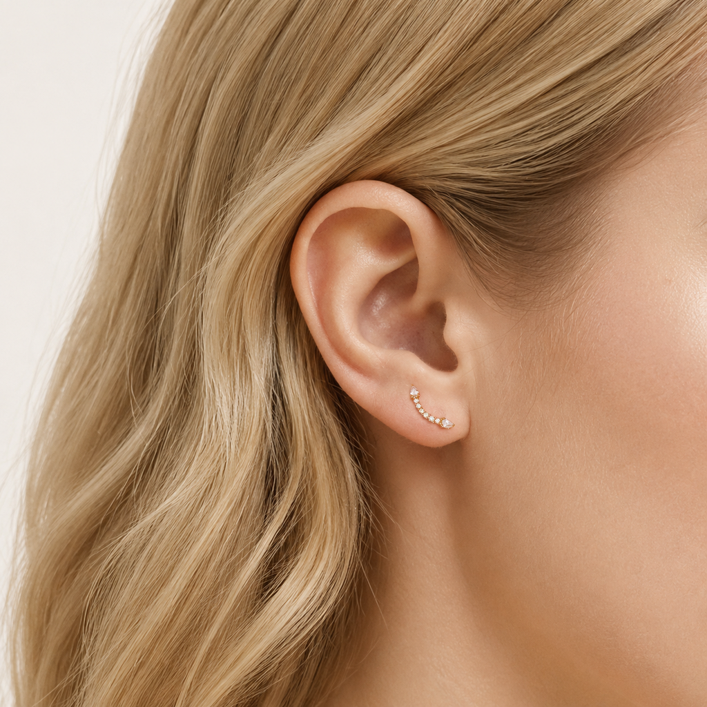 Sterling Silver Ball Zirconia Flat Back Earrings worn on the ear