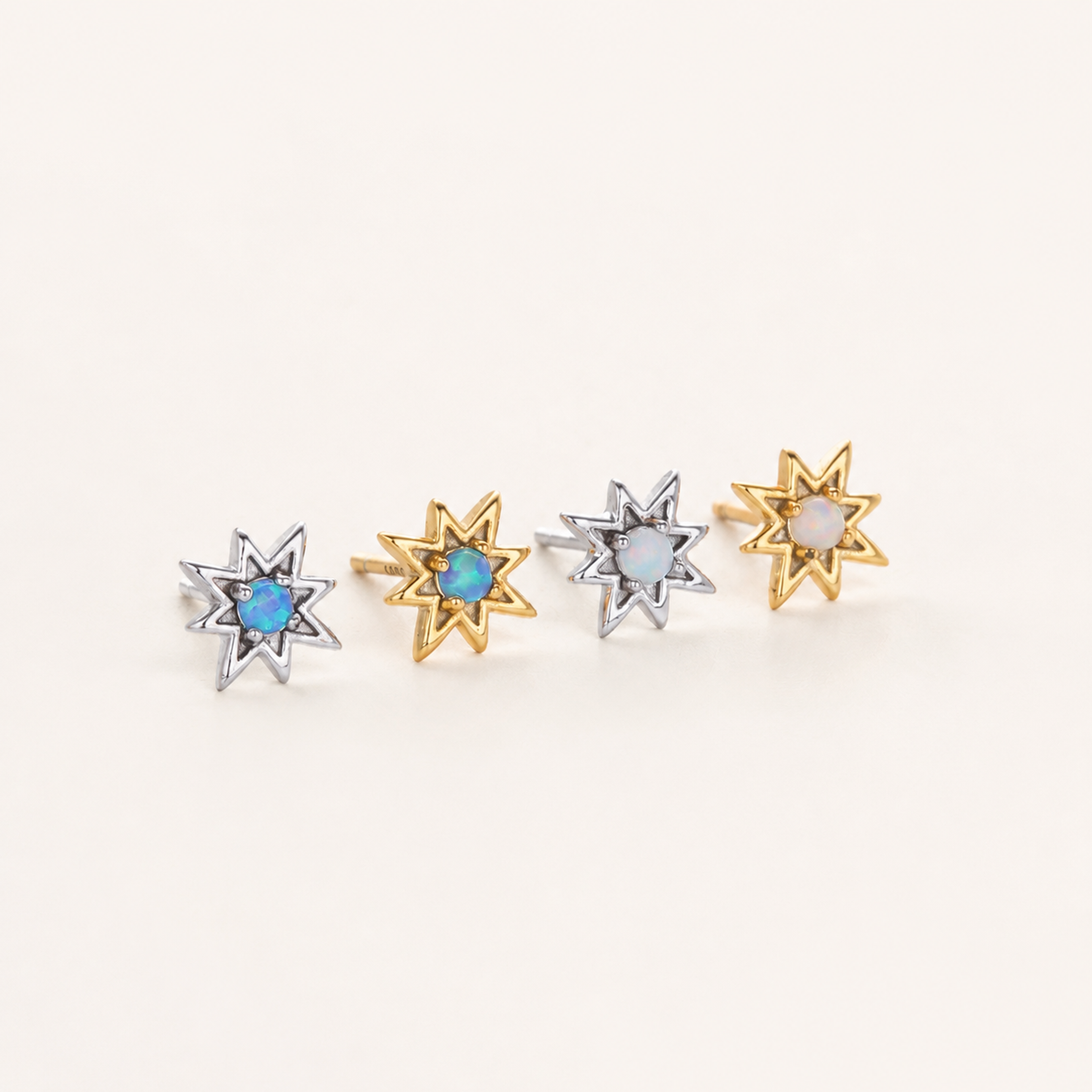 Sterling Silver Opal Eight-Point Star Stud Earrings detail