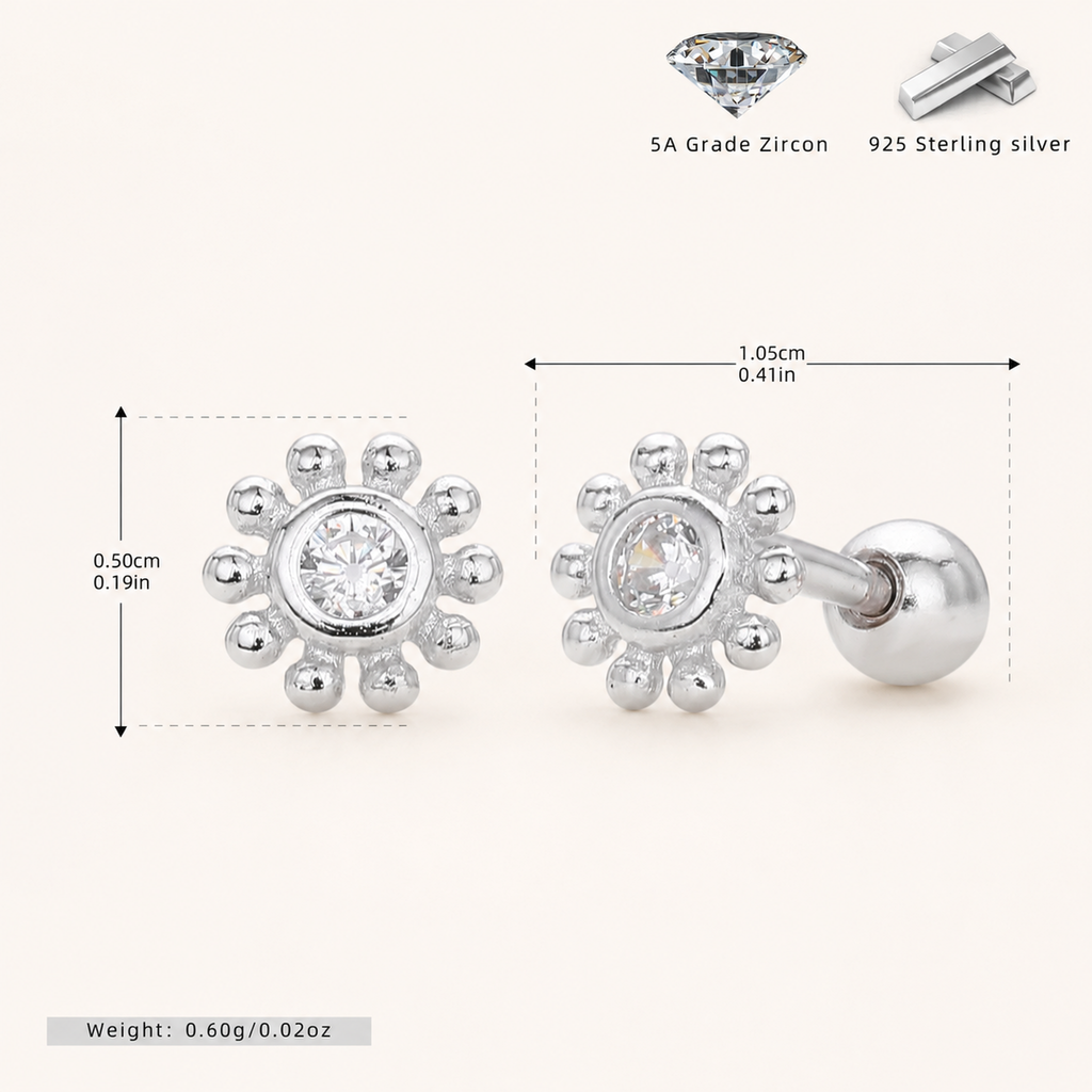 Sterling Silver Sunflower Zirconia Flat Back Earrings - Platinum