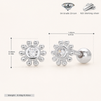 Sterling Silver Sunflower Zirconia Flat Back Earrings - Platinum