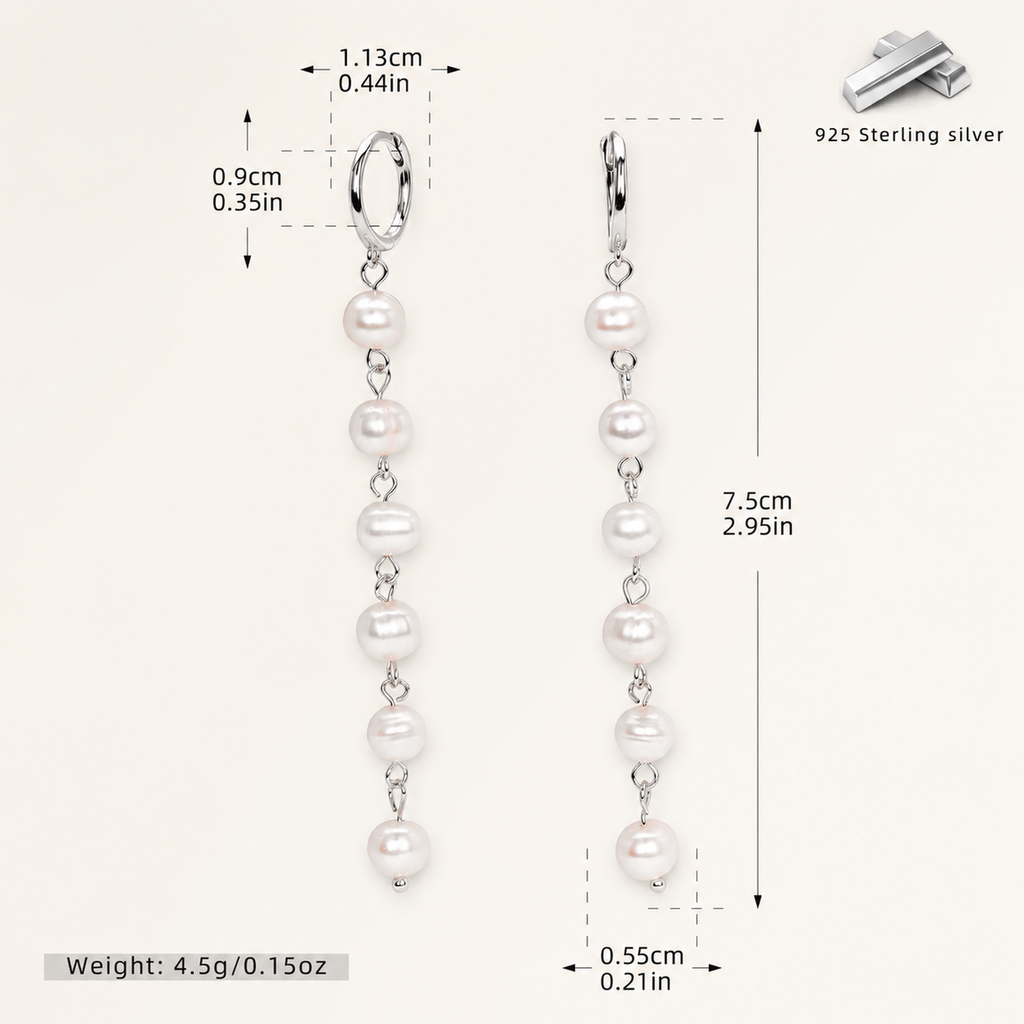 Sterling Silver Pearl Drop Hoop Earrings - Platinum