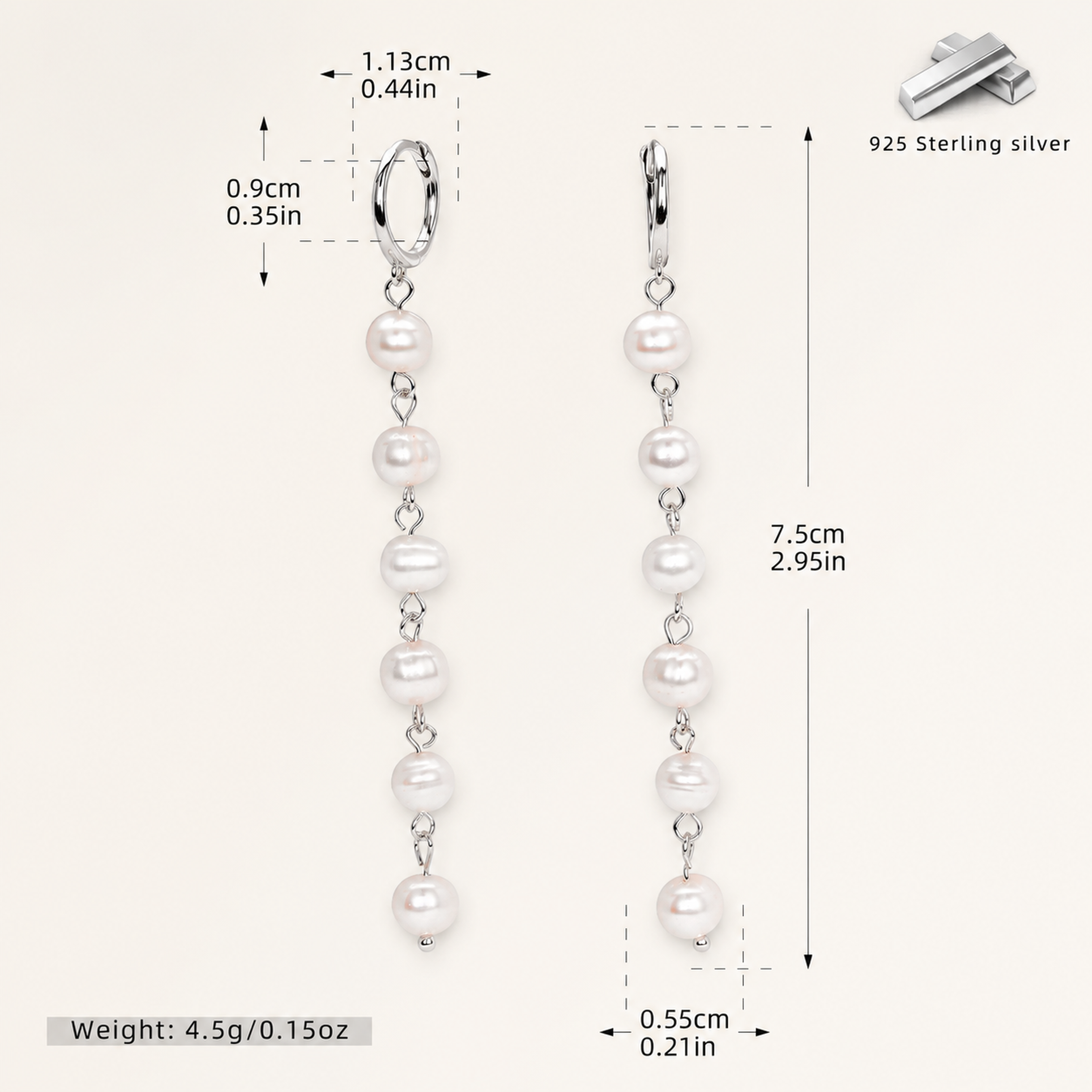 Sterling Silver Pearl Drop Hoop Earrings - Platinum