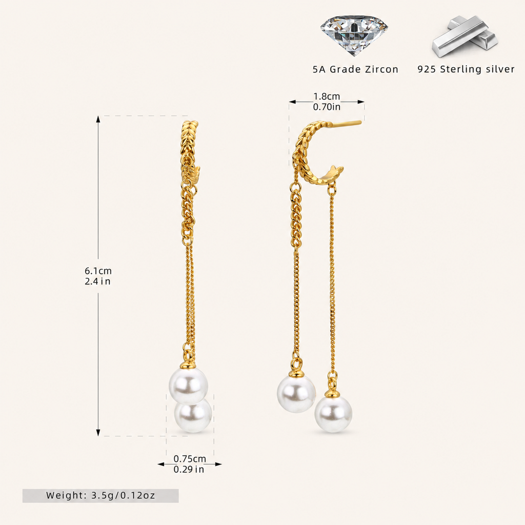 Sterling Silver Pearl Tassel Chain Drop Stud Earrings - Gold