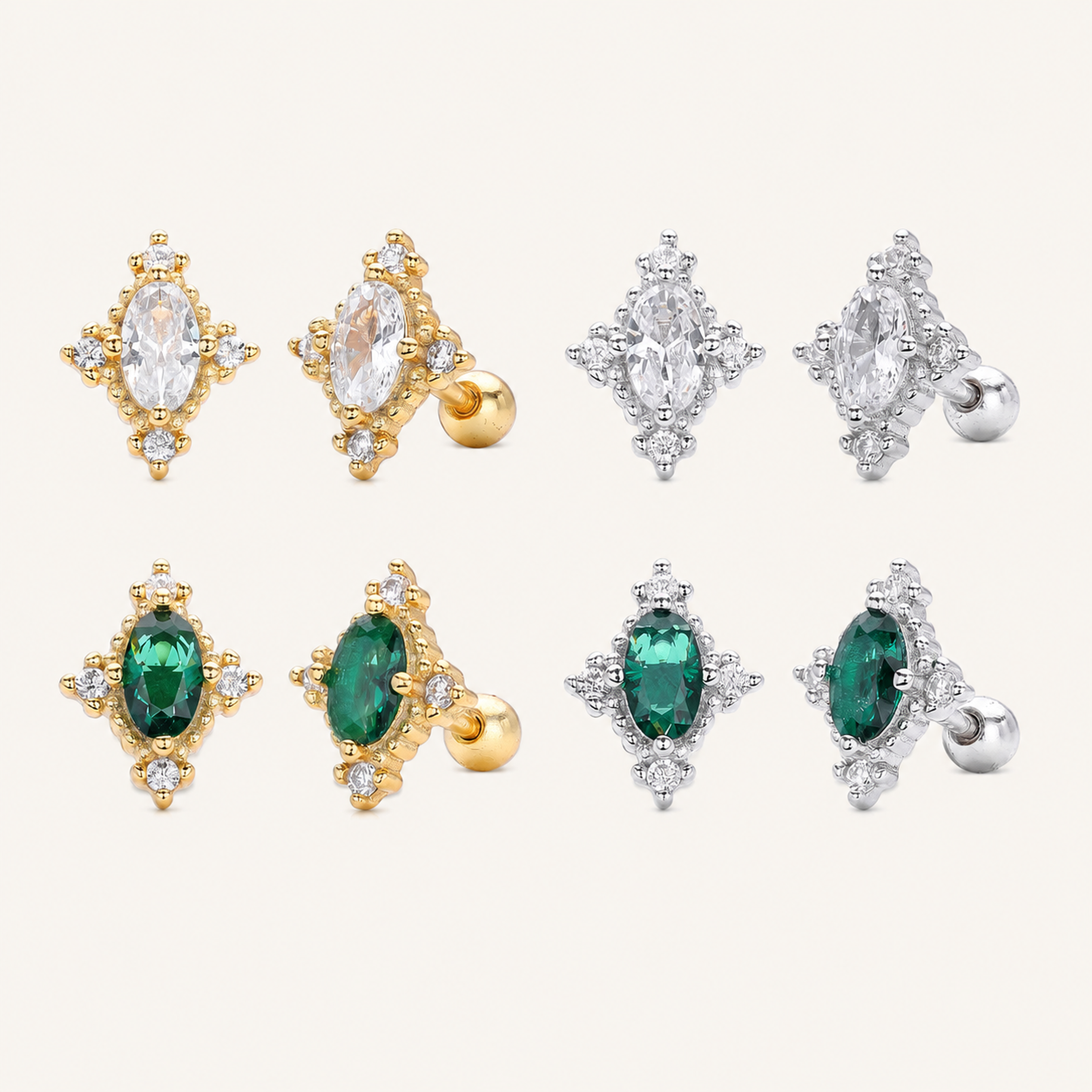 Sterling Silver Vintage Emerald-Cut Zirconia Flat Back Earrings