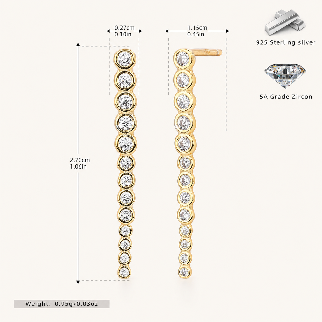 Sterling Silver Zirconia Bar Stud Earrings - Gold