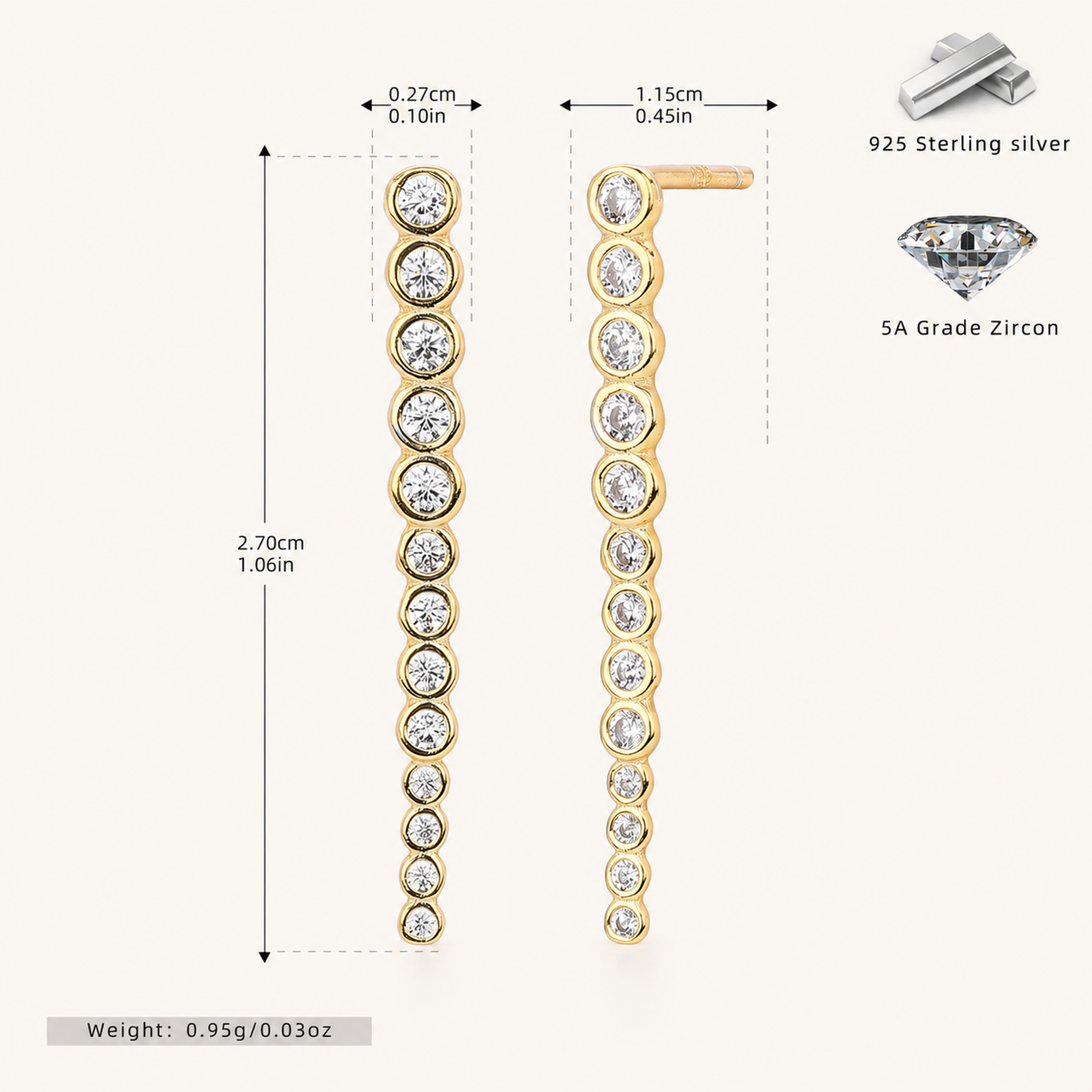 Sterling Silver Zirconia Bar Stud Earrings - Gold