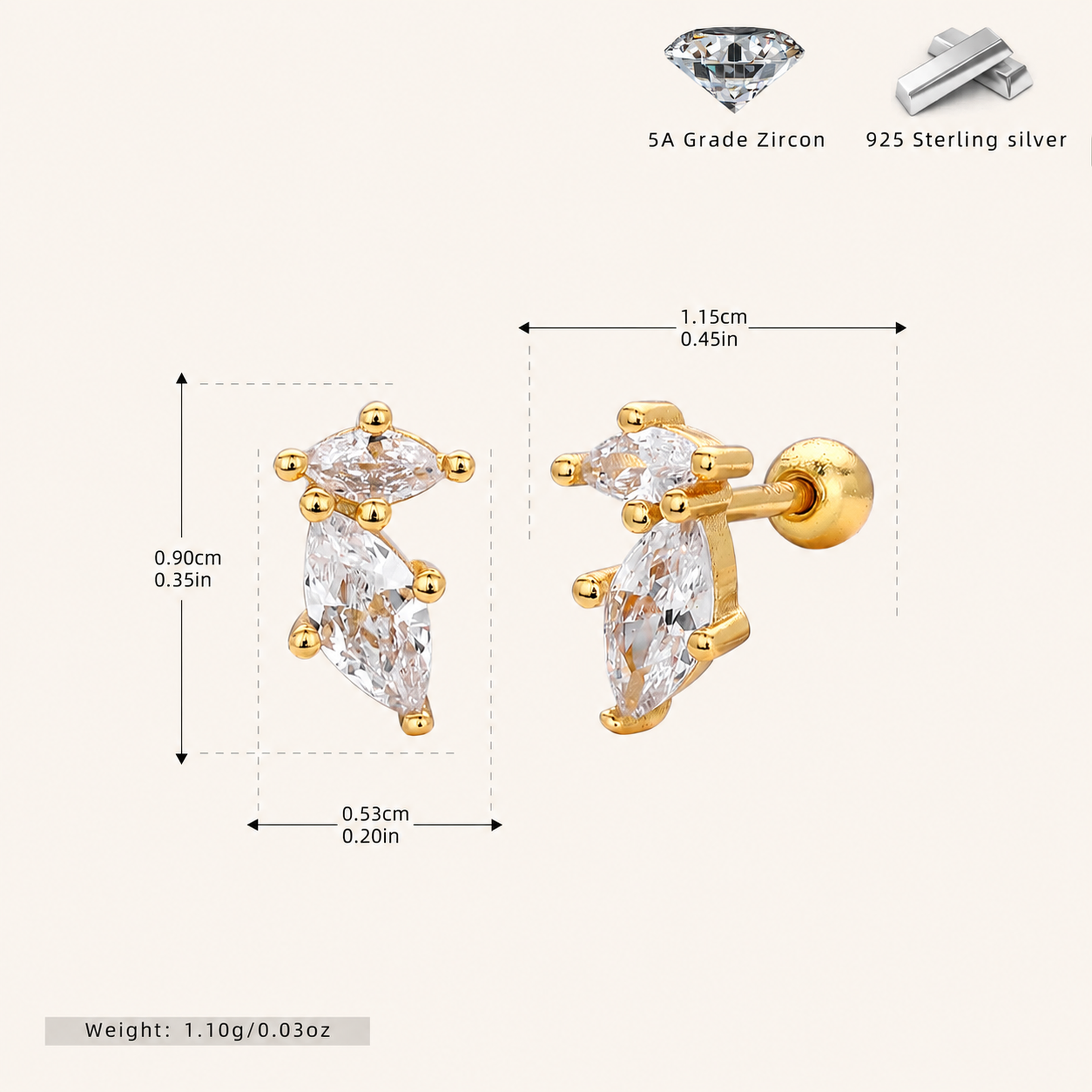 Sterling Silver Zirconia Solitaire Flat Back Earrings - Gold