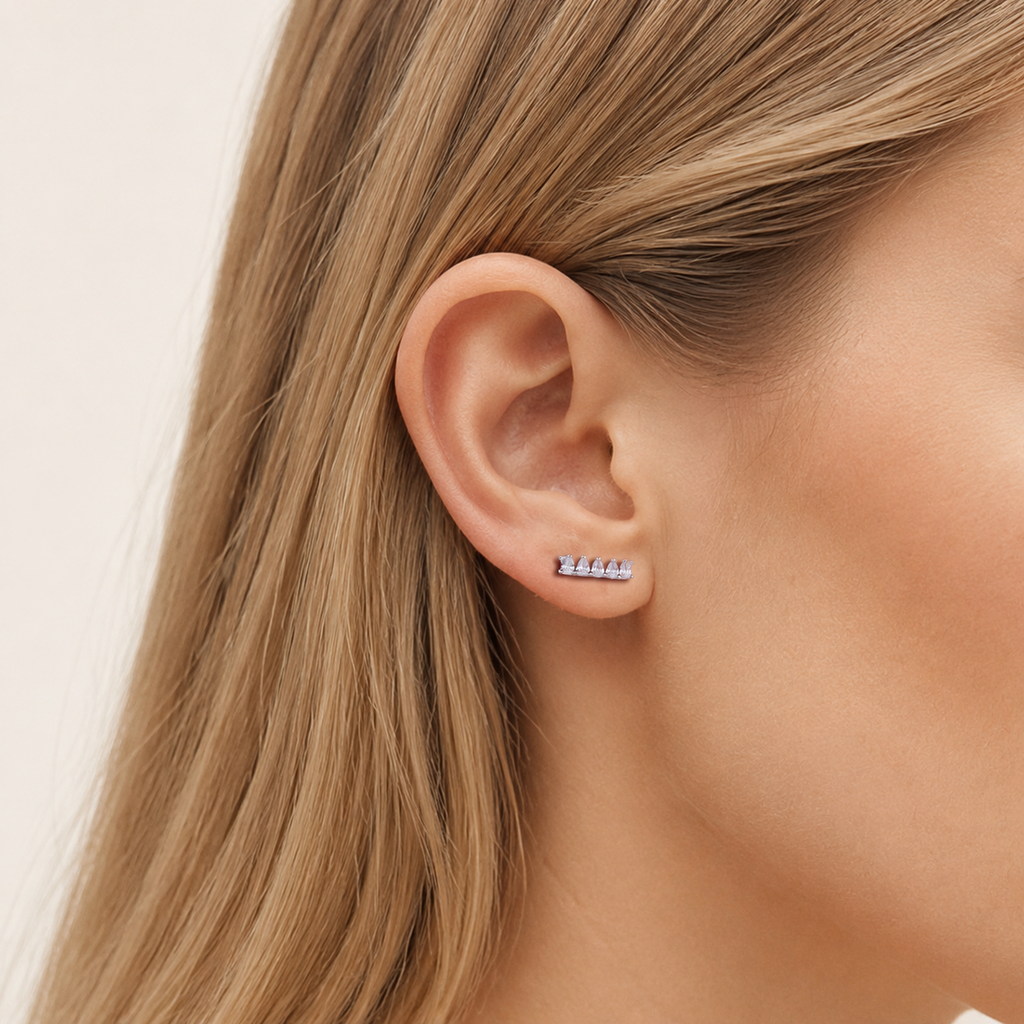Sterling Silver Marquise Zirconia Bar Flat Back Earrings worn on the ear