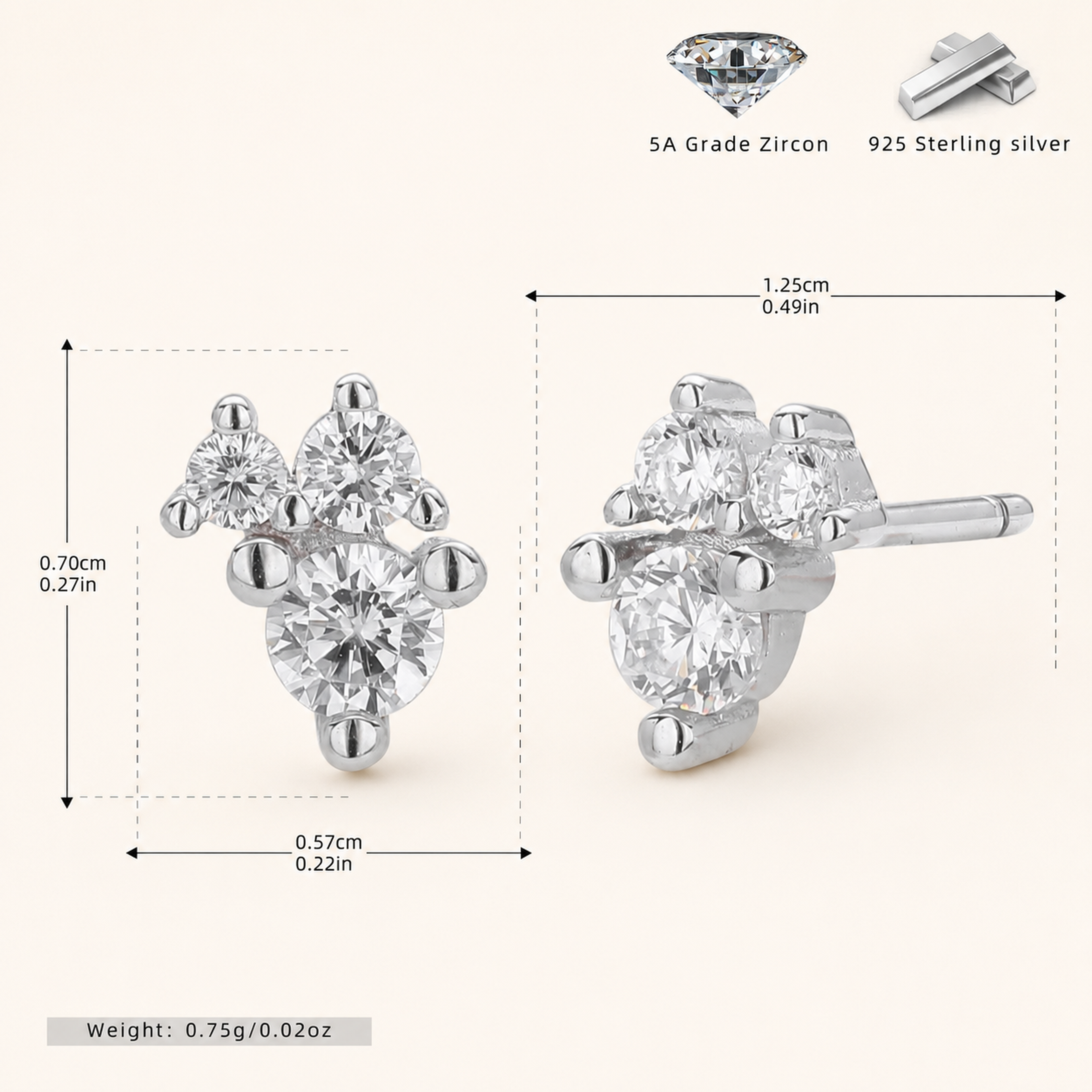 Sterling Silver Solitaire Zirconia Stud Earrings - Platinum