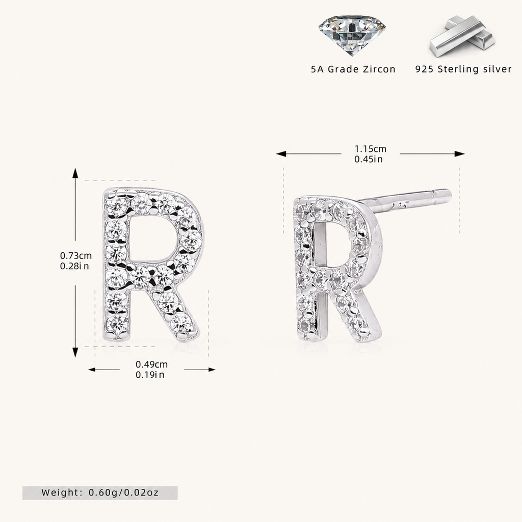 Sterling Silver Pave Initial Letter Stud Earrings - Platinum / R