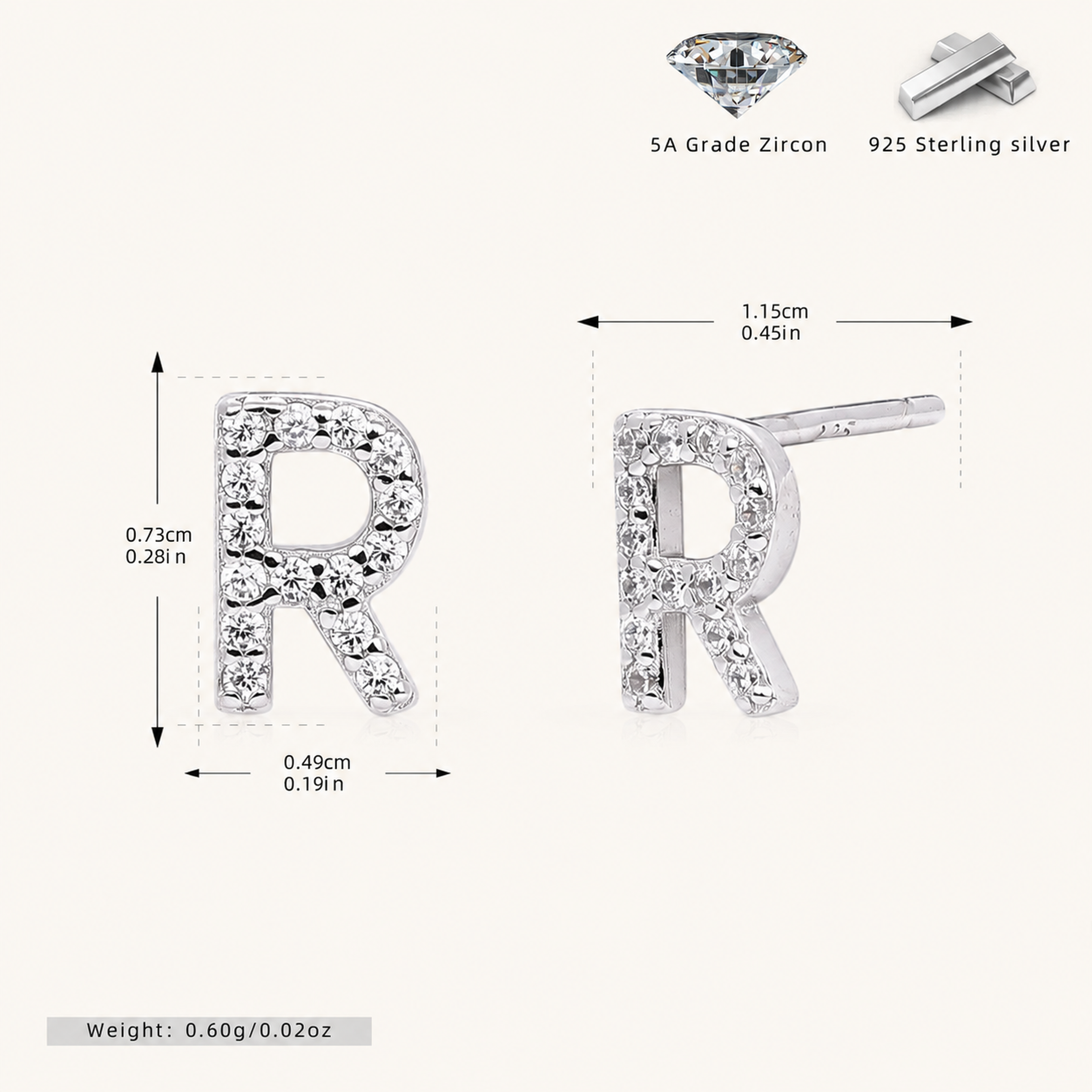 Sterling Silver Pave Initial Letter Stud Earrings - Platinum / R