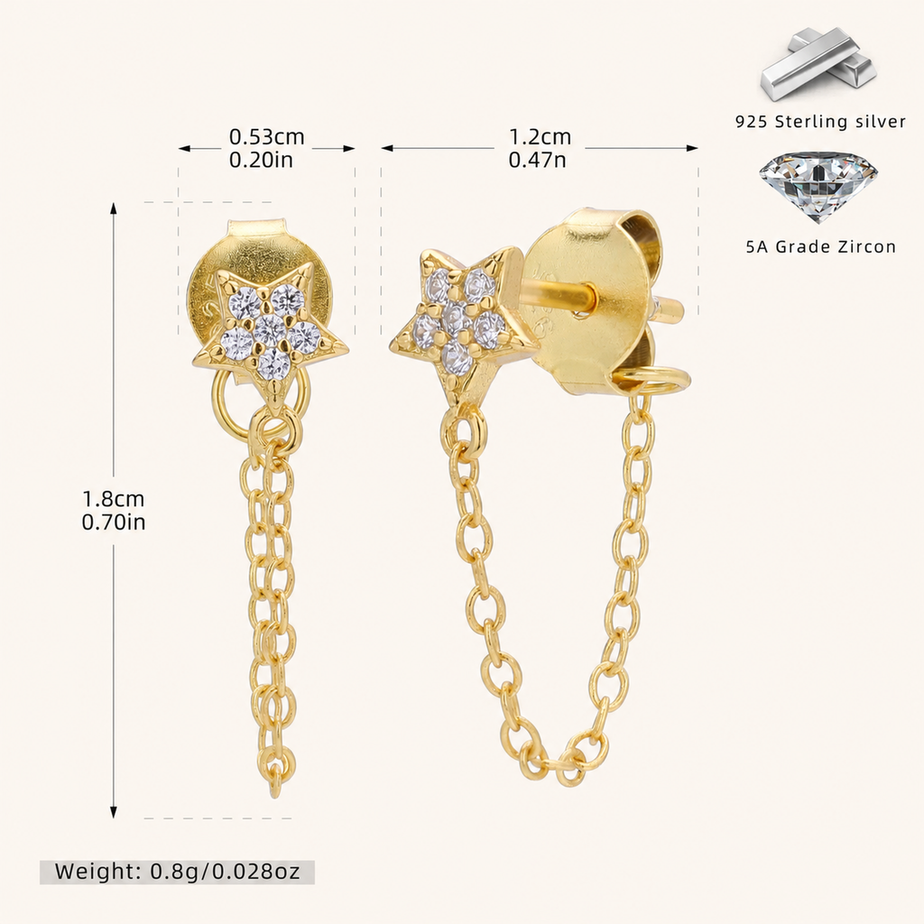Sterling Silver Zirconia Star Chain Drop Stud Earrings - Gold