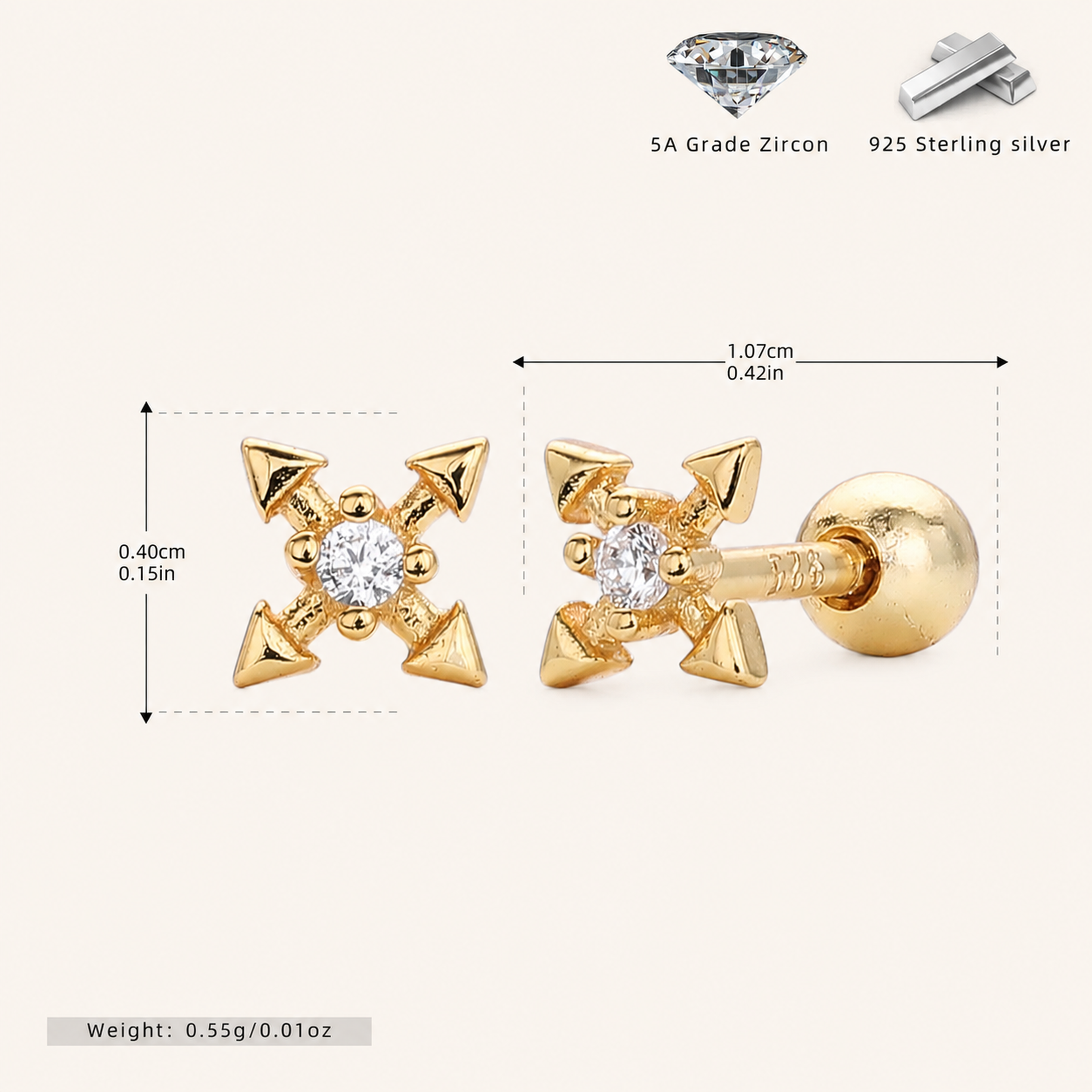 Sterling Silver Zirconia Cross Flat Back Earrings - Gold