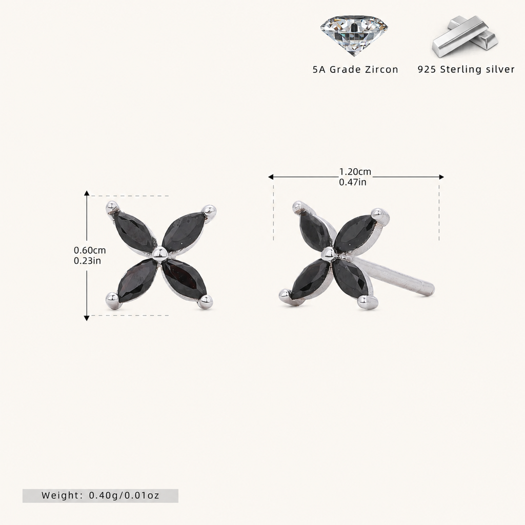 Sterling Silver Marquise Zirconia Flower Stud Earrings - Platinum / Black Zircon