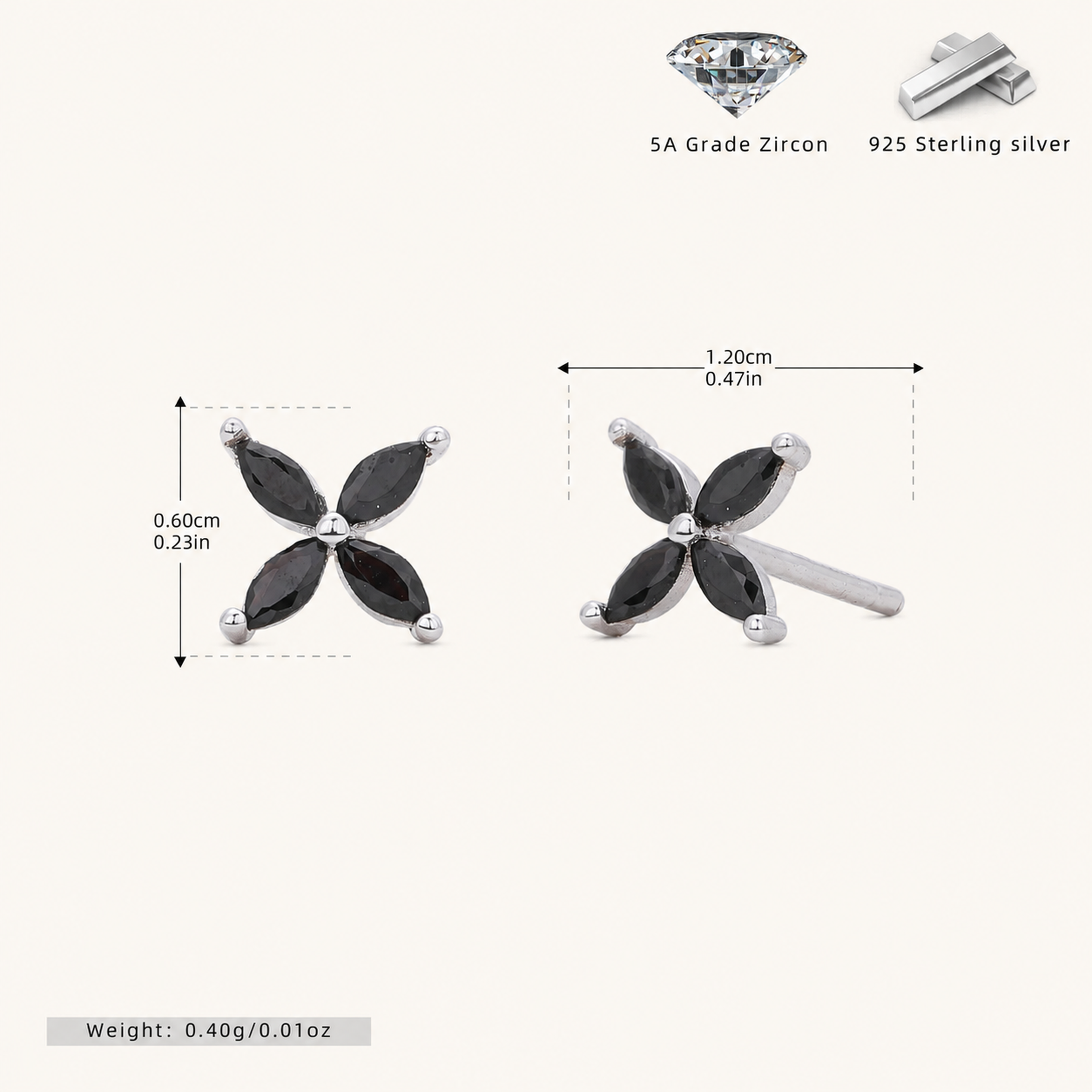 Sterling Silver Marquise Zirconia Flower Stud Earrings - Platinum / Black Zircon