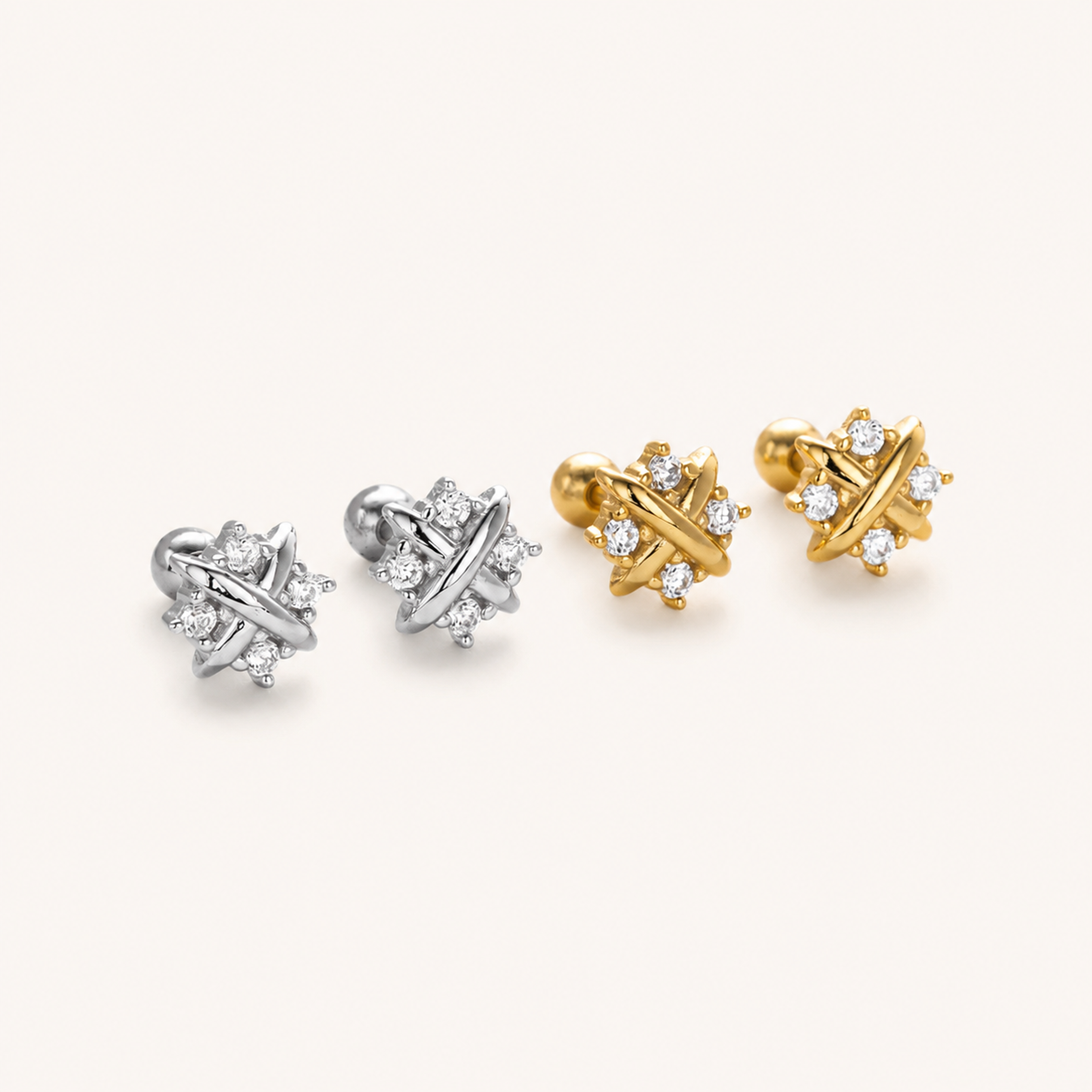 Sterling Silver X-Shape Zirconia Flat Back Earrings detail view