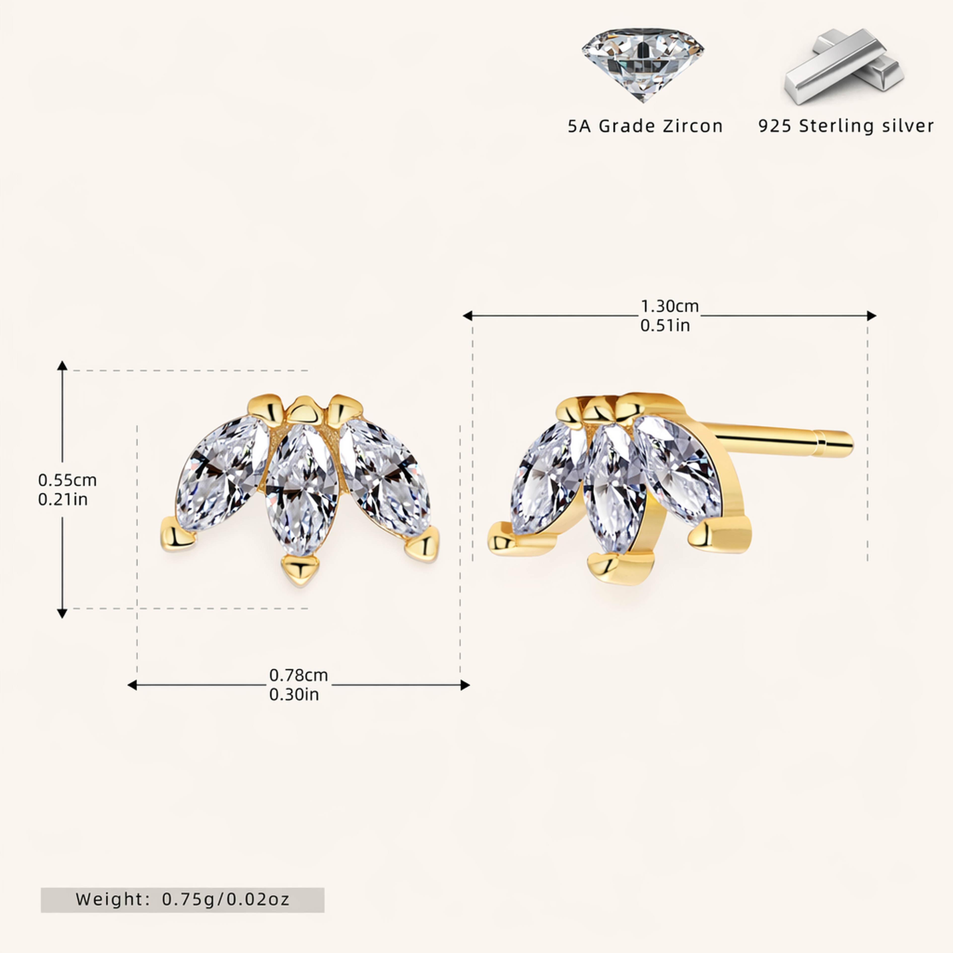 Sterling Silver Marquise Zirconia Crown Stud Earrings - Gold