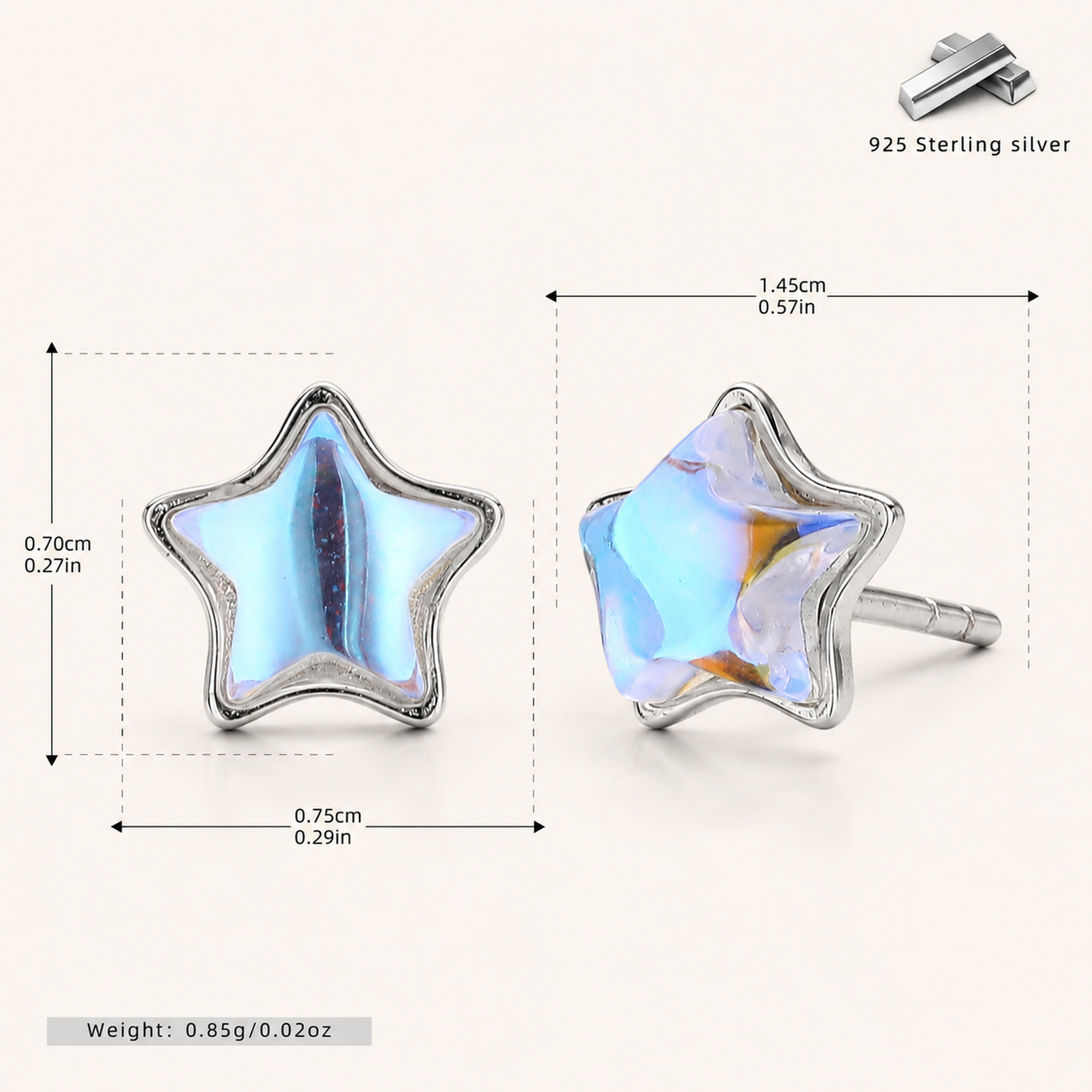 Sterling Silver Moonstone Star Stud Earrings - Platinum