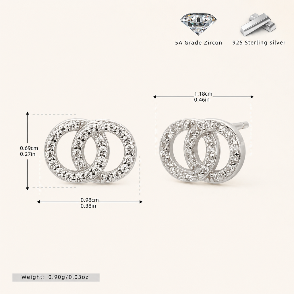 Sterling Silver Double Ring Zirconia Wrap Stud Earrings - Platinum