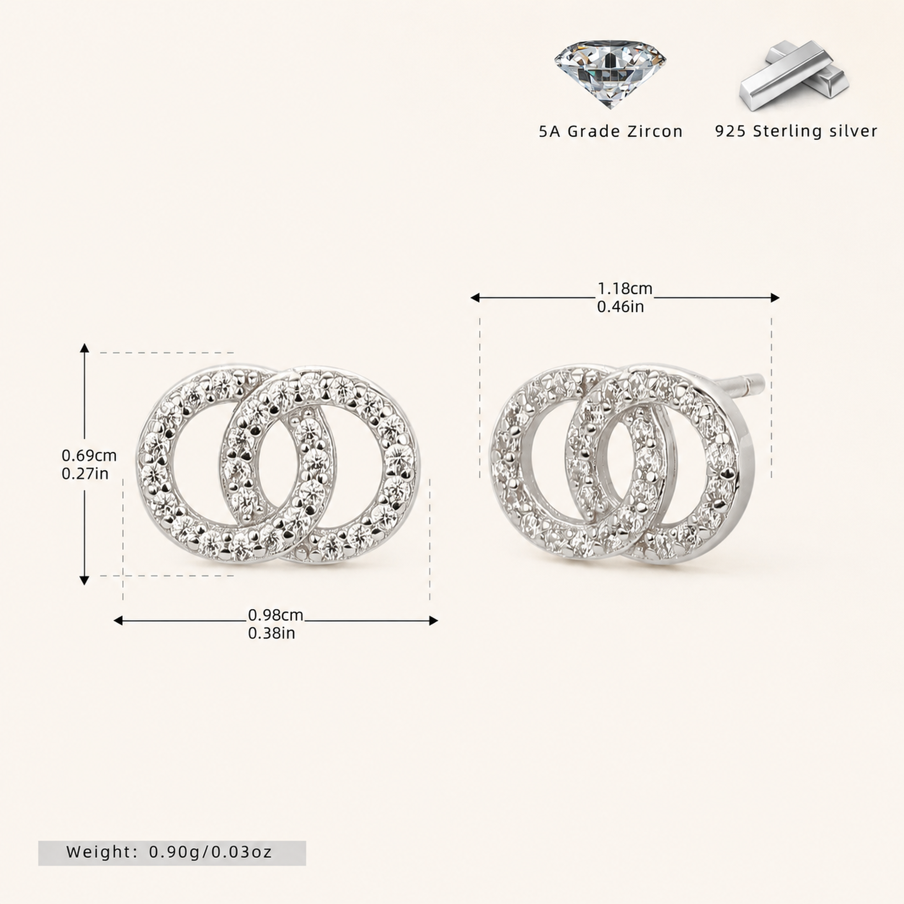 Sterling Silver Double Ring Zirconia Wrap Stud Earrings - Platinum