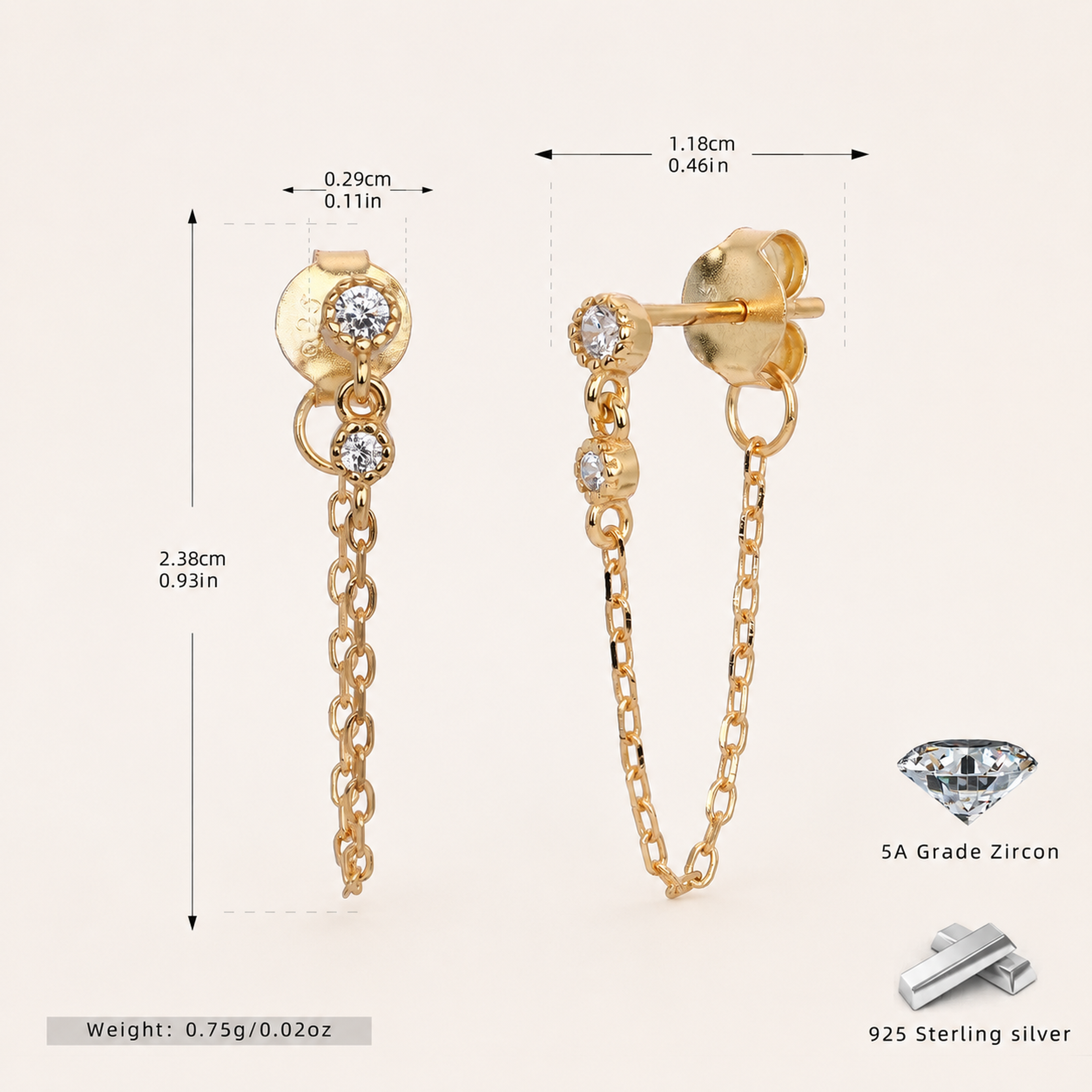 Sterling Silver Round Cubic Zirconia Chain Drop Earrings - Gold