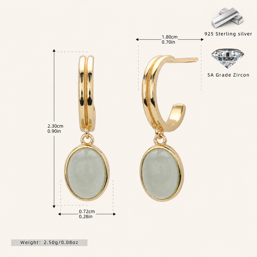 Sterling Silver Aventurine Jade Drop Stud Earrings - Gold