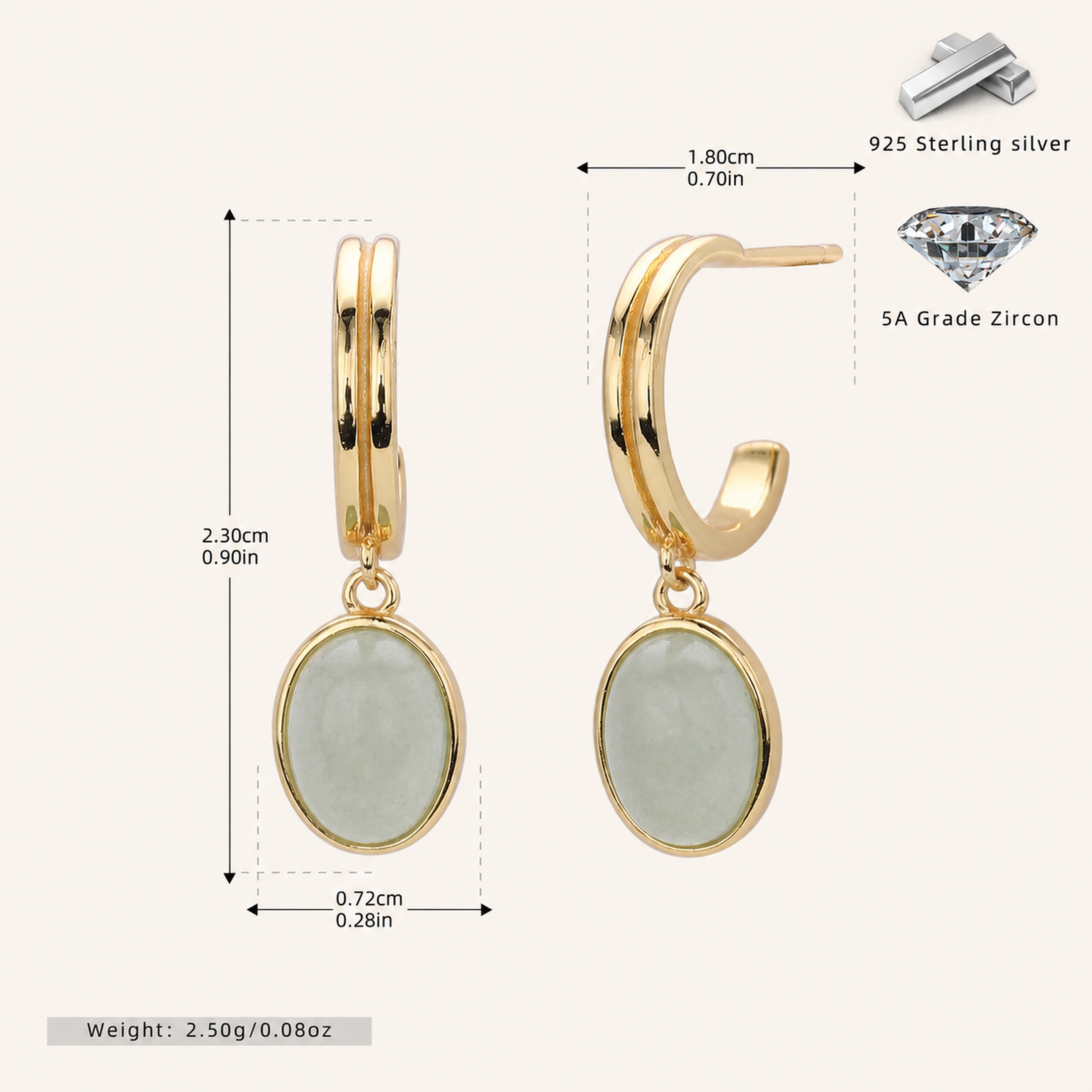 Sterling Silver Aventurine Jade Drop Stud Earrings - Gold