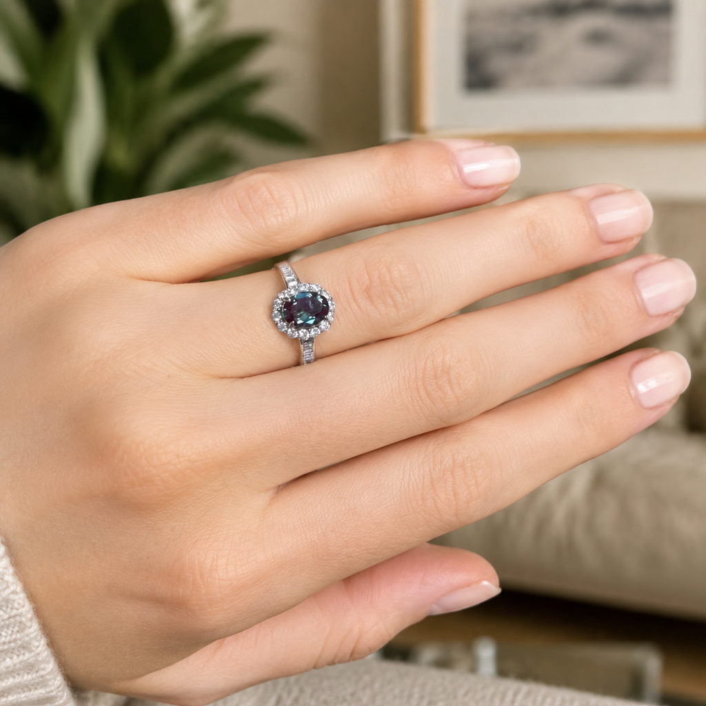 Regent Halo Lab-Grown Alexandrite Ring worn on hand