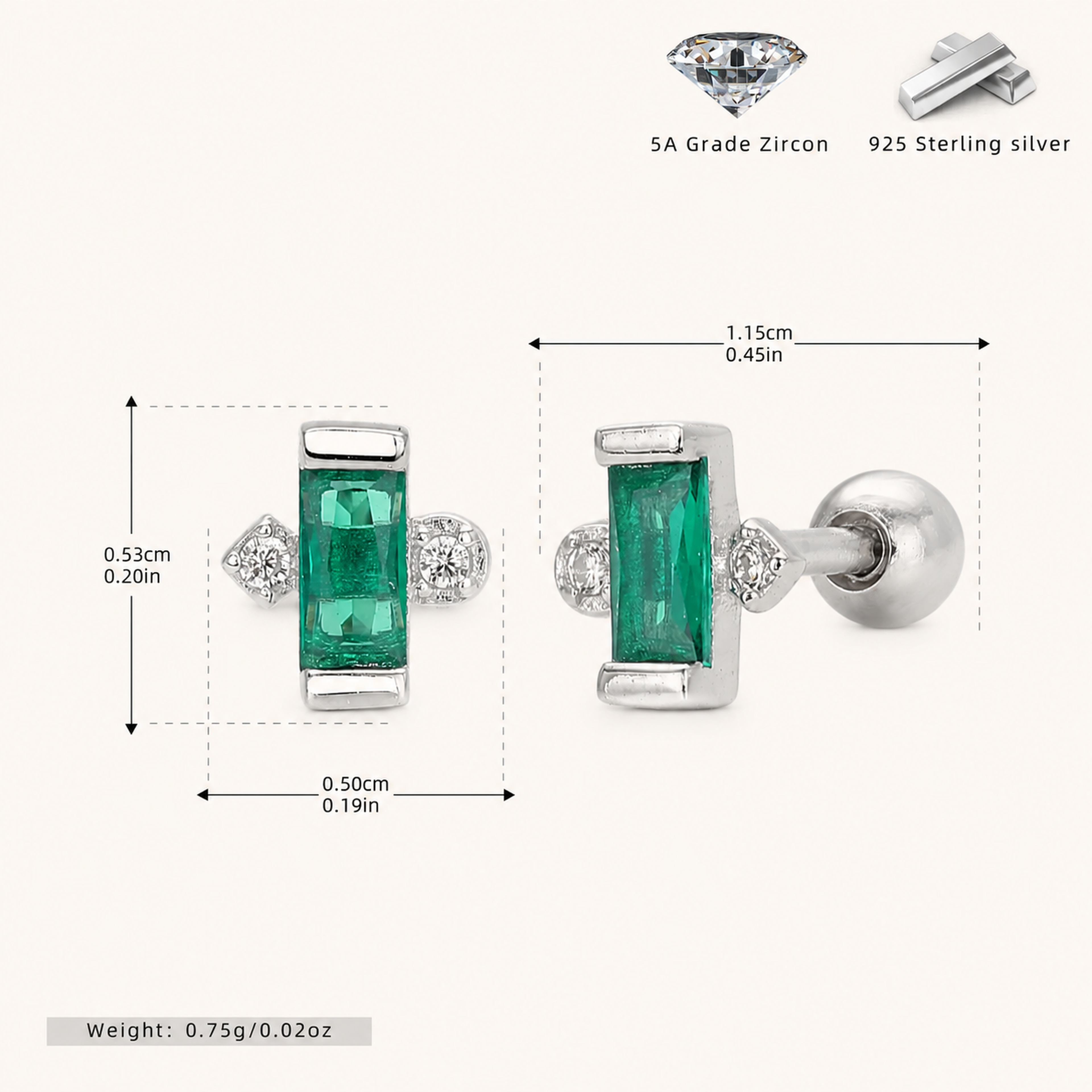 Sterling Silver Emerald-Green Zirconia Flat Back Earrings - Platinum