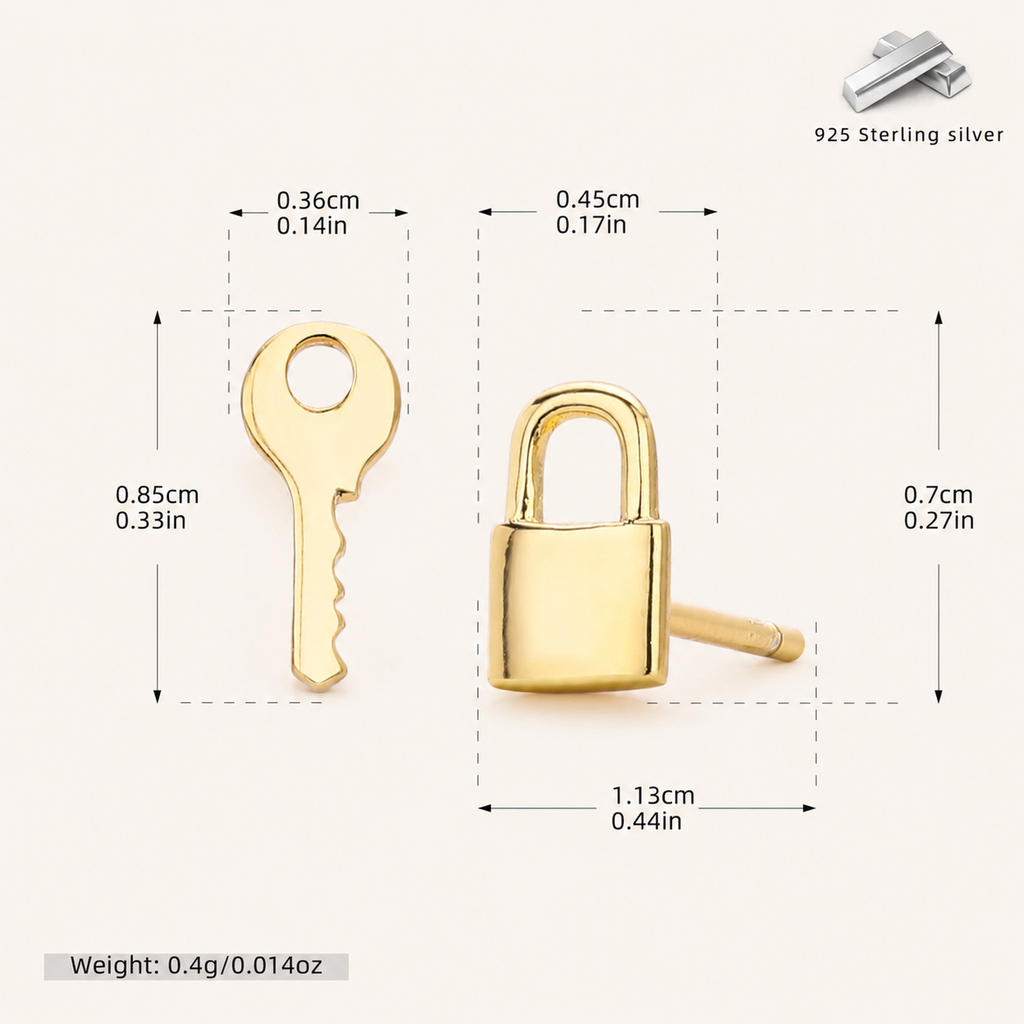 Sterling Silver Lock & Key Stud Earrings - Gold