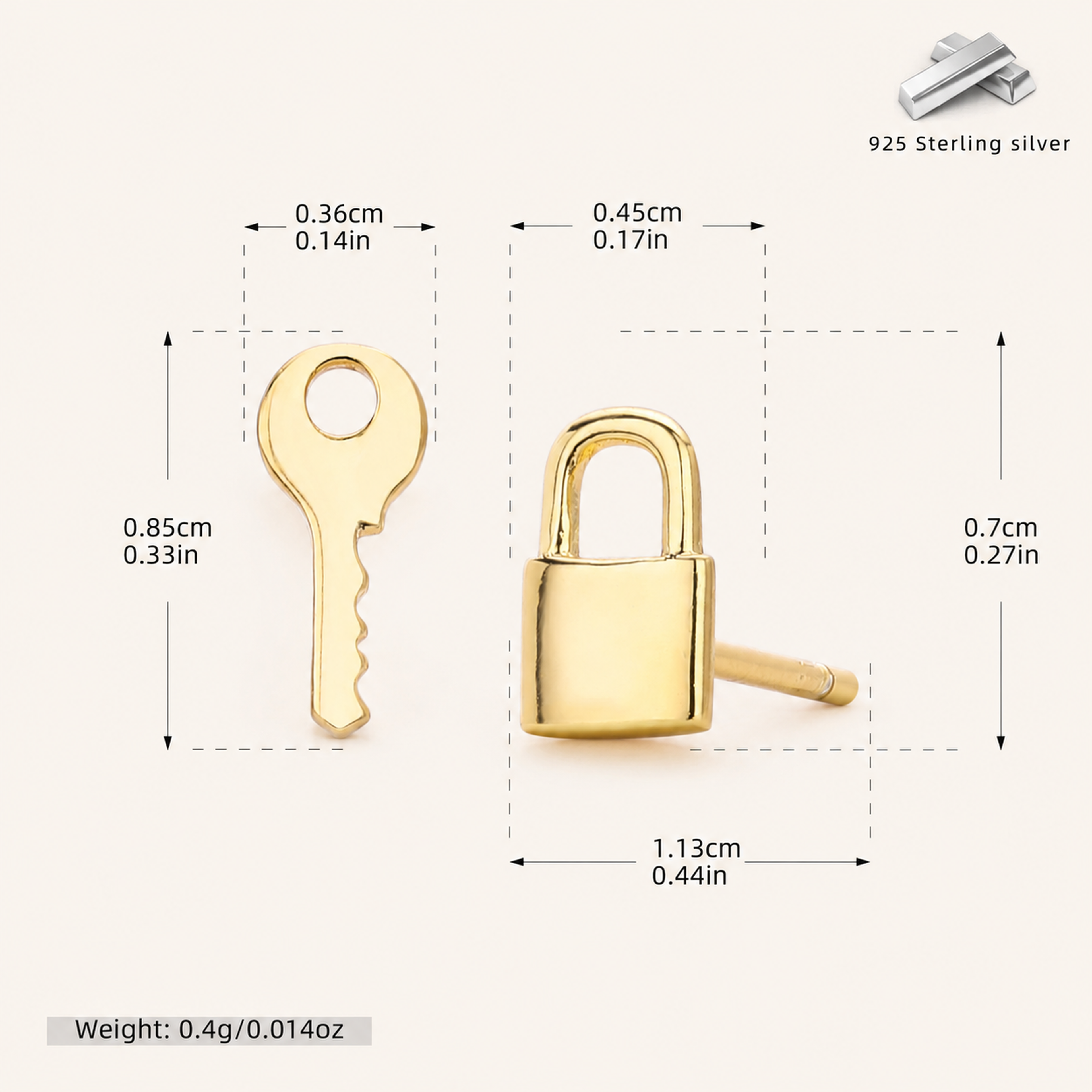 Sterling Silver Lock & Key Stud Earrings - Gold