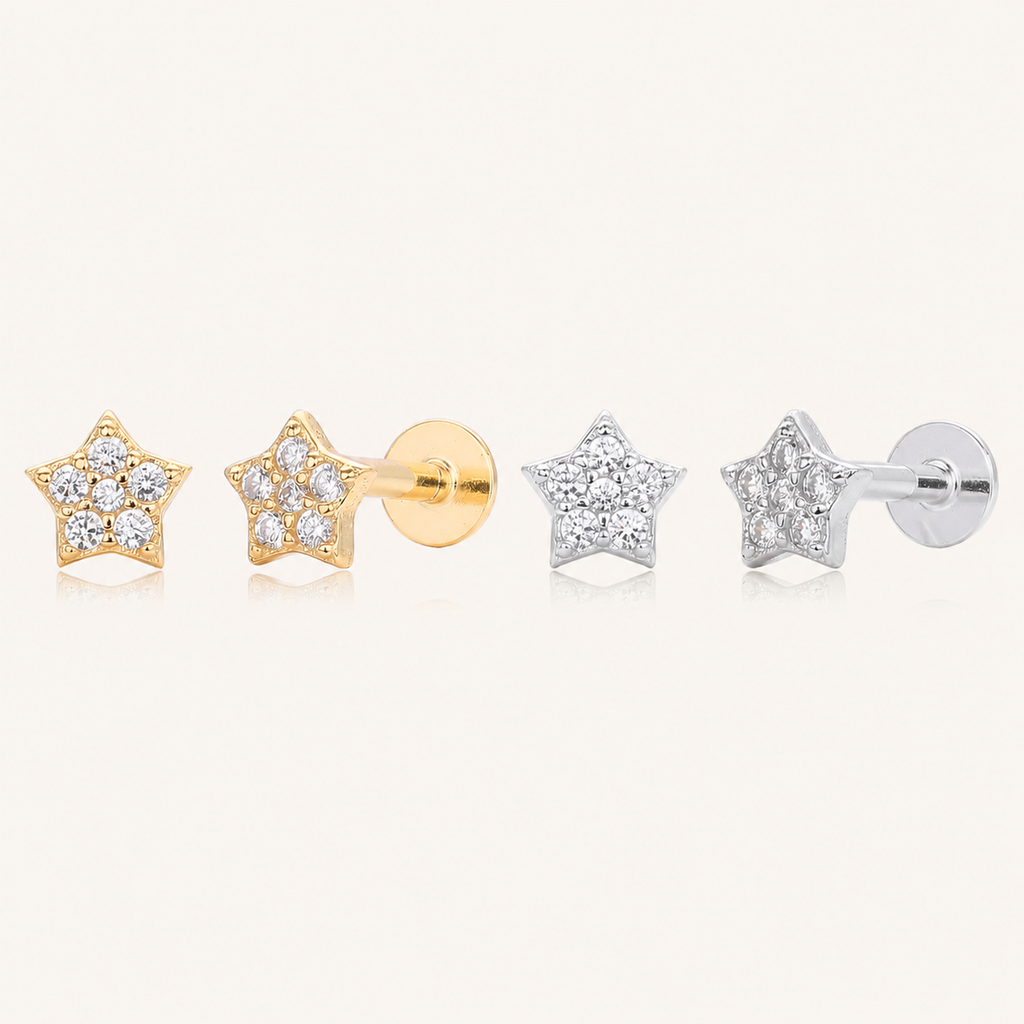 Sterling Silver Five-Point Star Zirconia Flat Back Earrings