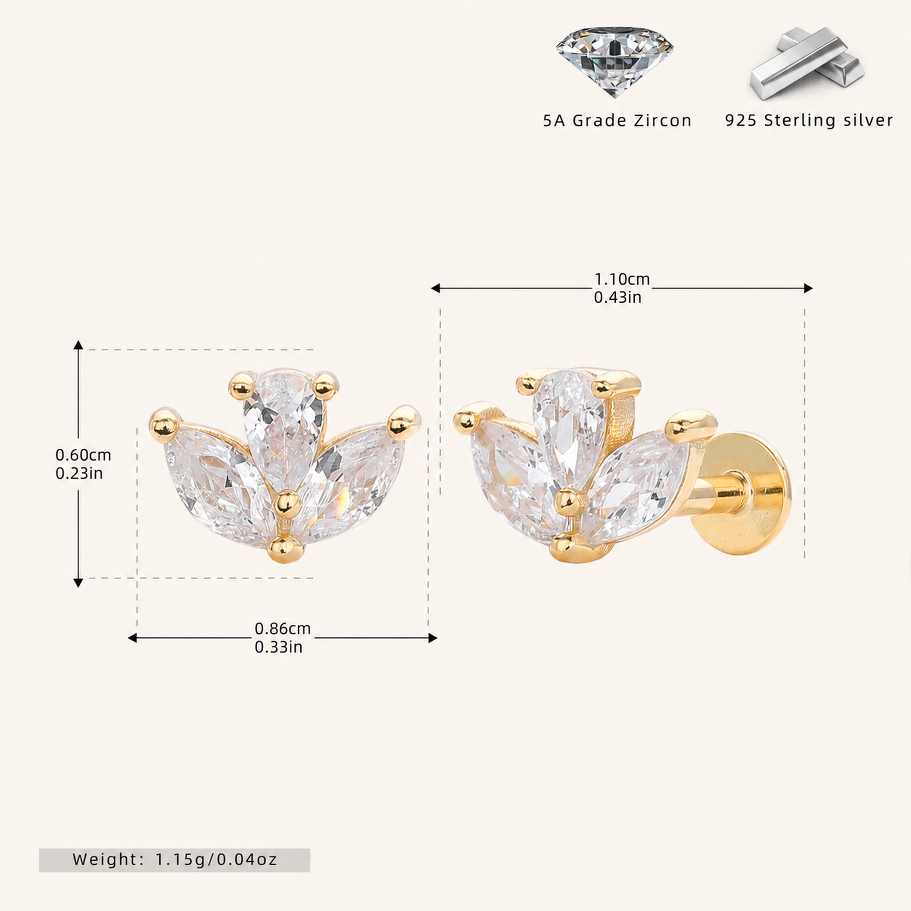 Sterling Silver Zirconia Solitaire Flat Back Earrings - Gold