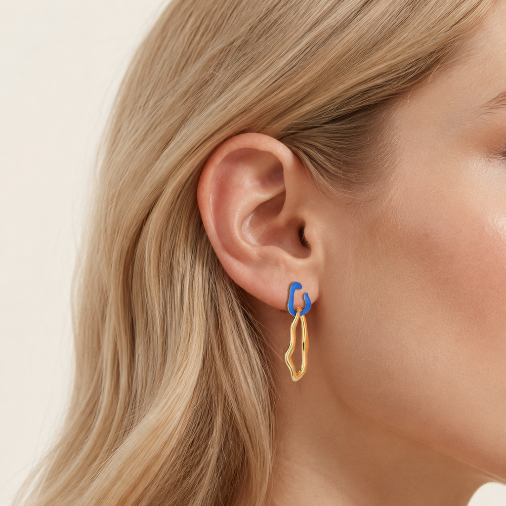 Sterling Silver Enamel Huggie Hoop Earrings worn on the ear