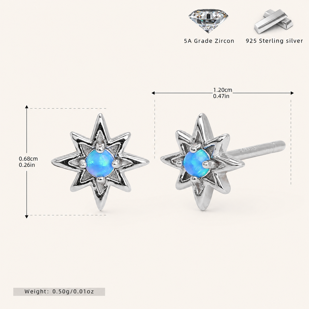 Sterling Silver Opal Eight-Point Star Stud Earrings - Platinum / Blue