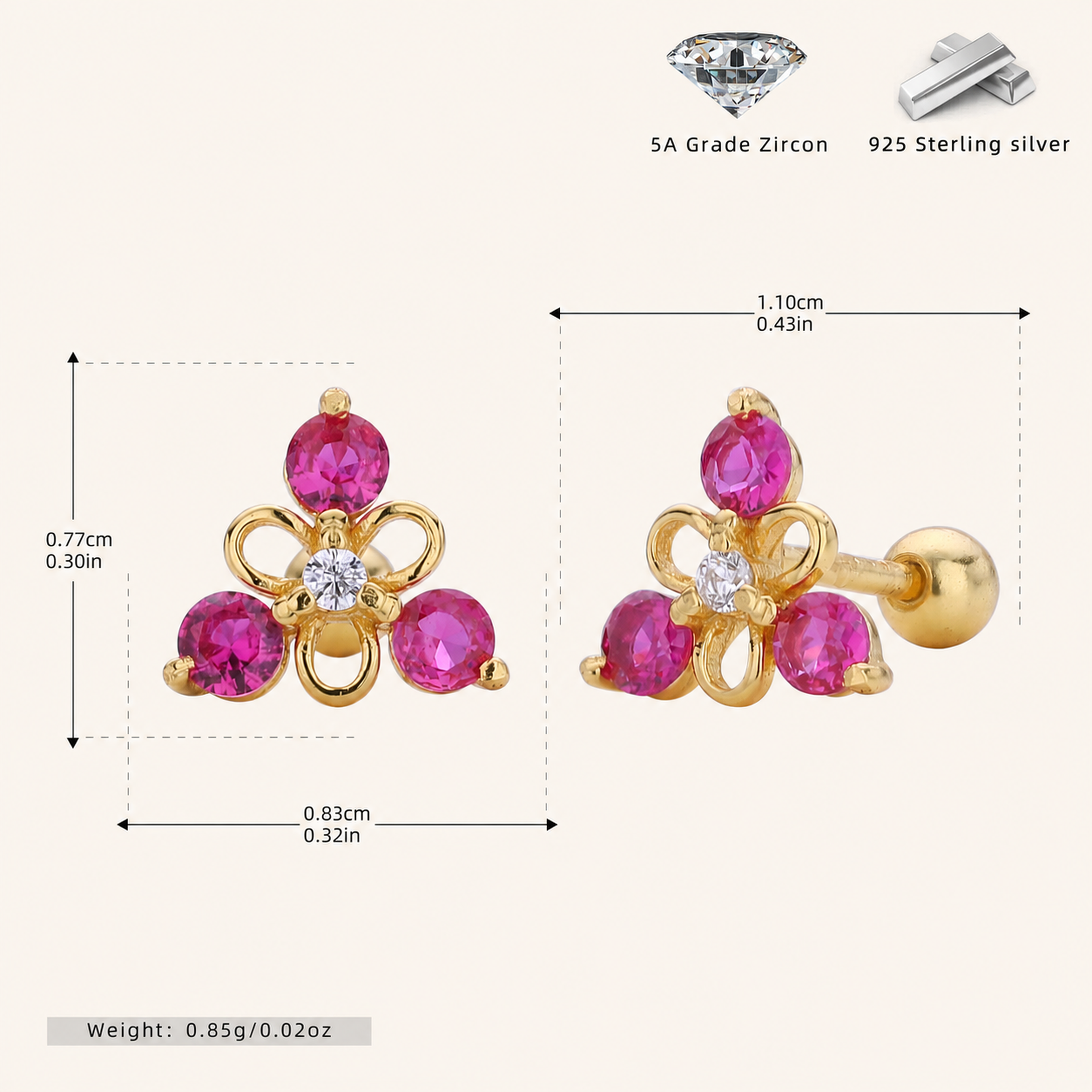 Sterling Silver Triangle Zirconia Flat Back Earrings - Gold / Red
