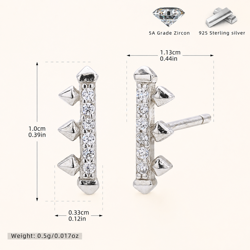 Sterling Silver Zirconia Rake Stud Earrings - Platinum