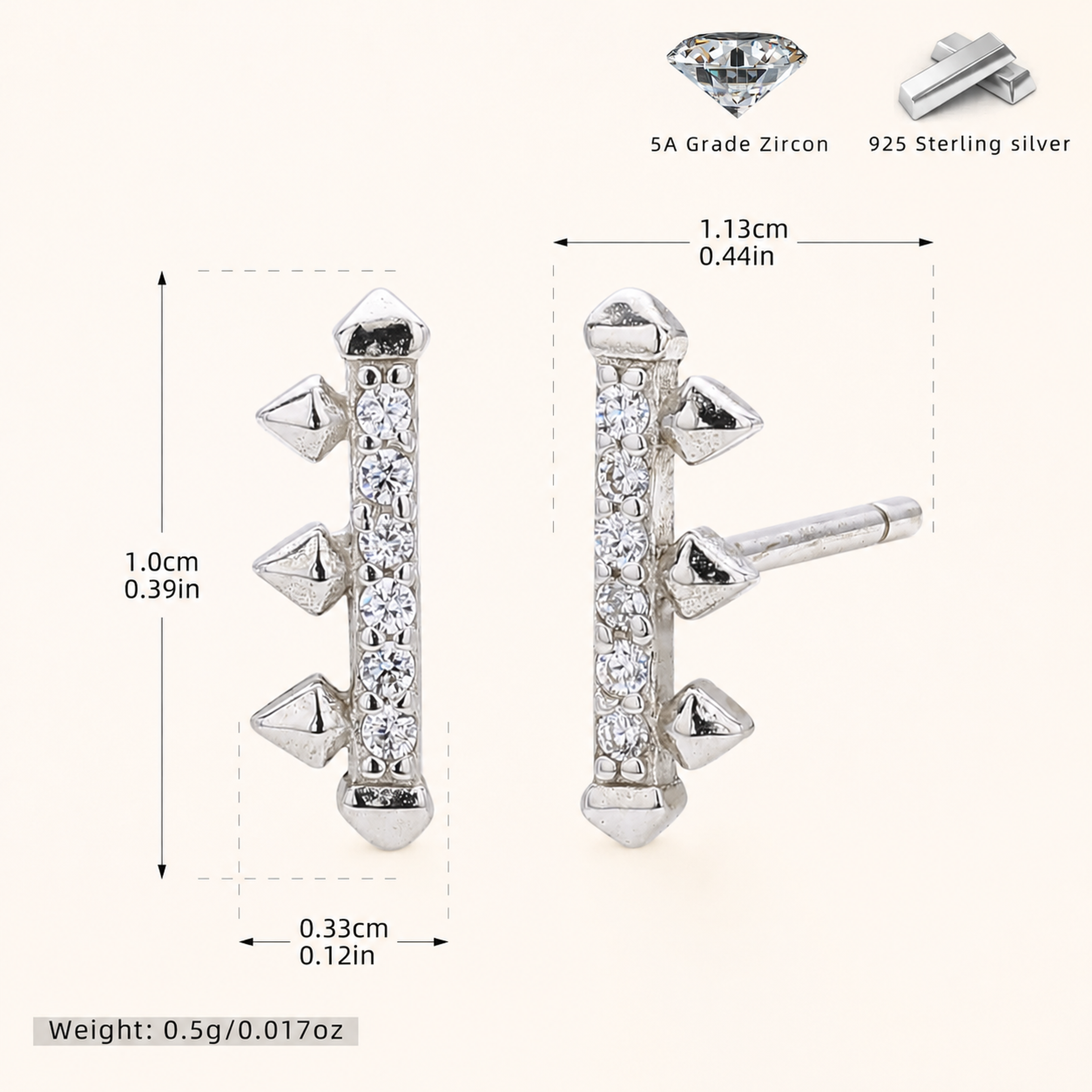 Sterling Silver Zirconia Rake Stud Earrings - Platinum