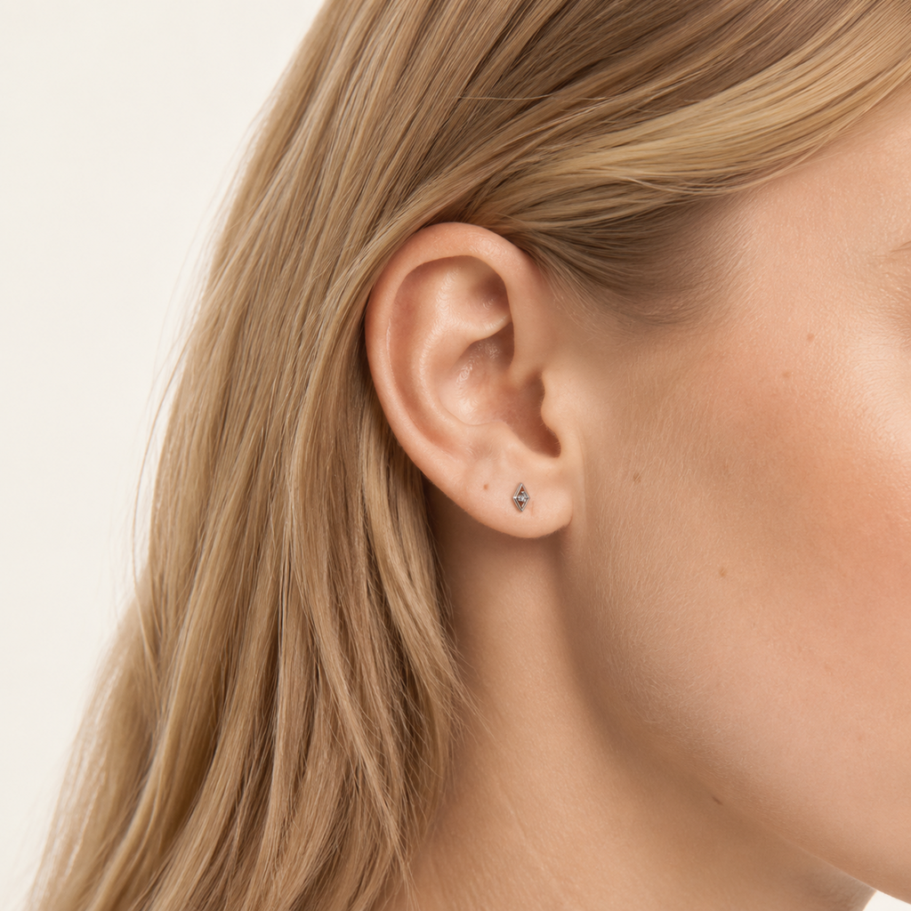 Sterling Silver Rhombus Zirconia Tassel Stud Earrings worn on the ear