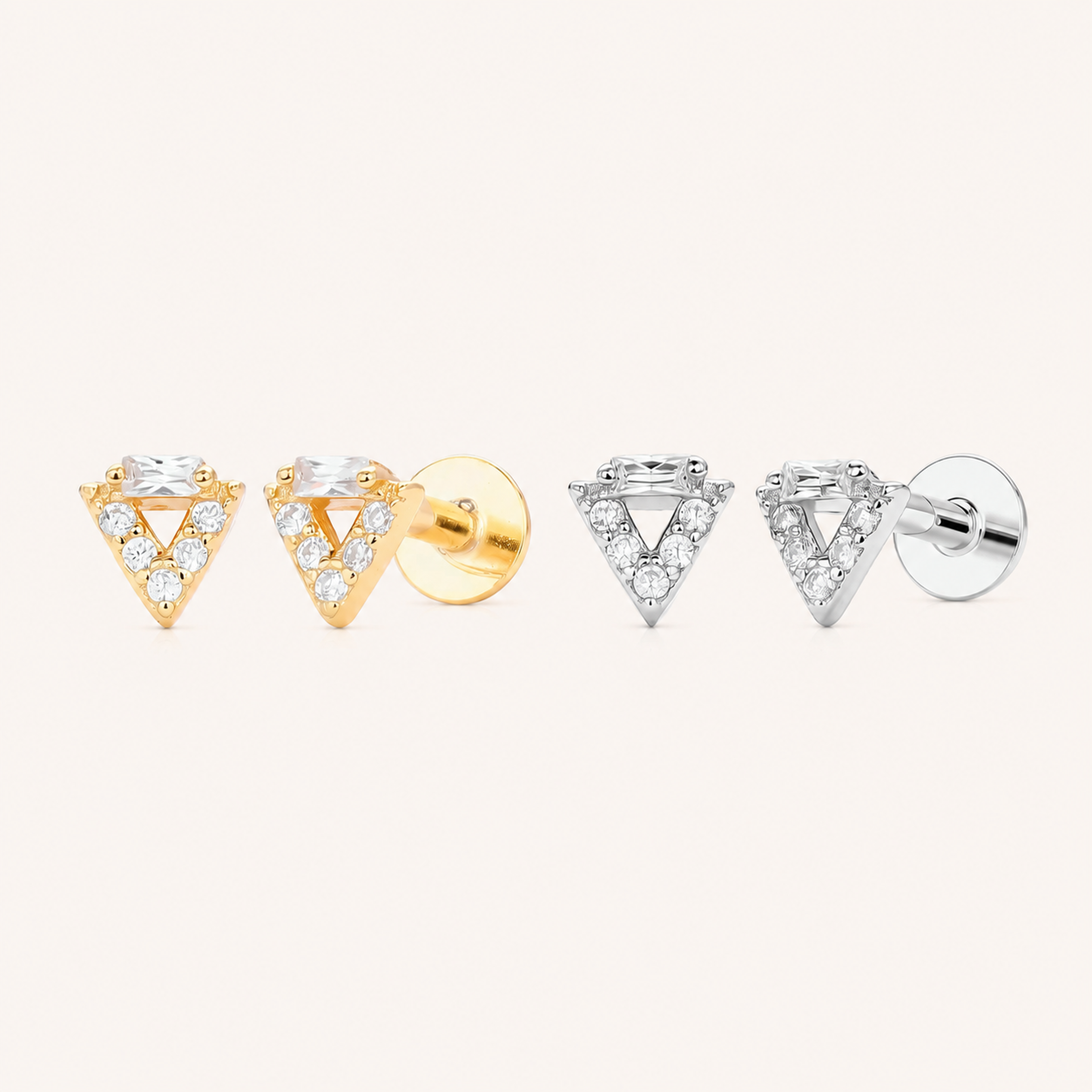 Sterling Silver Openwork Triangle Zirconia Flat Back Earrings