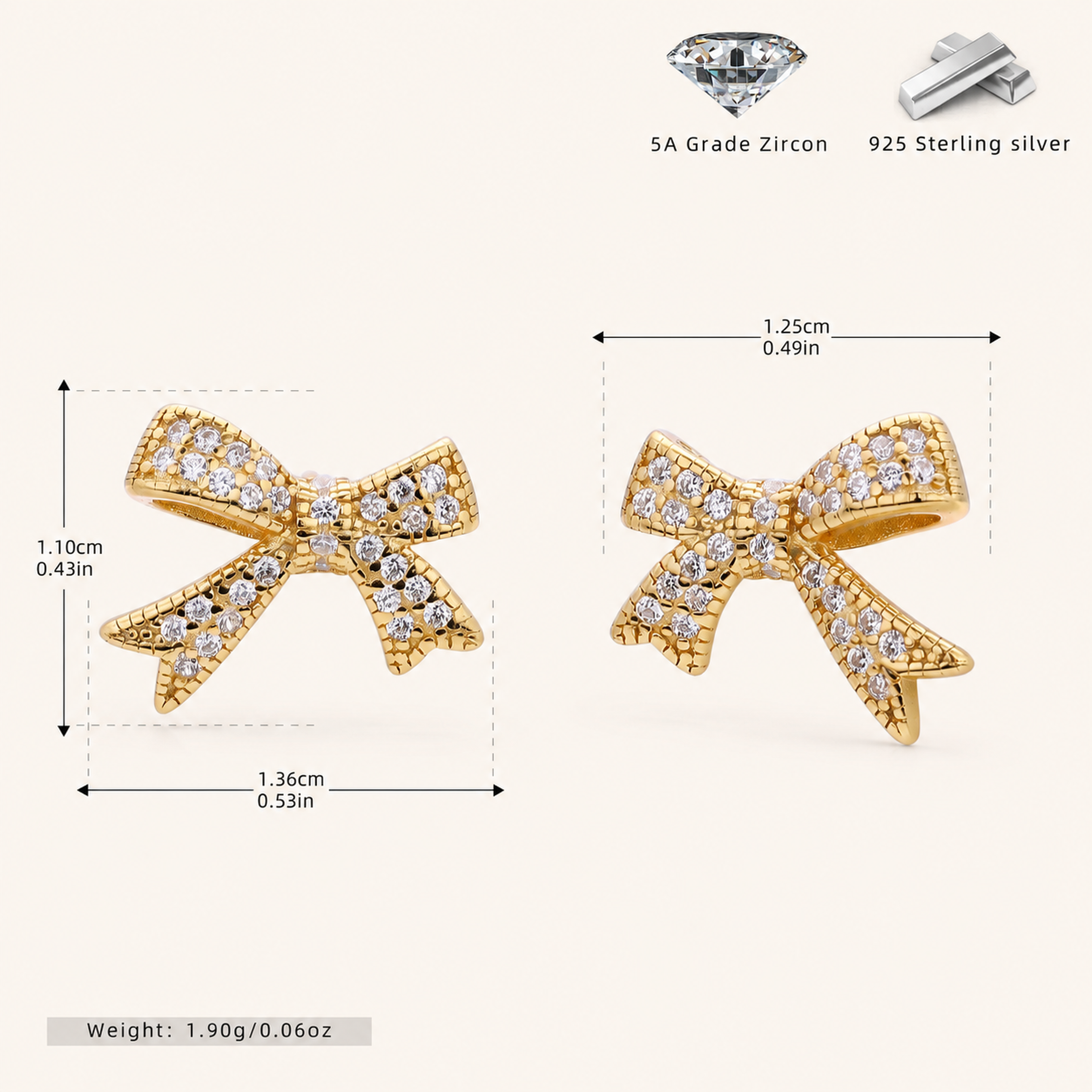 Sterling Silver Pavé Bow Stud Earrings - Gold