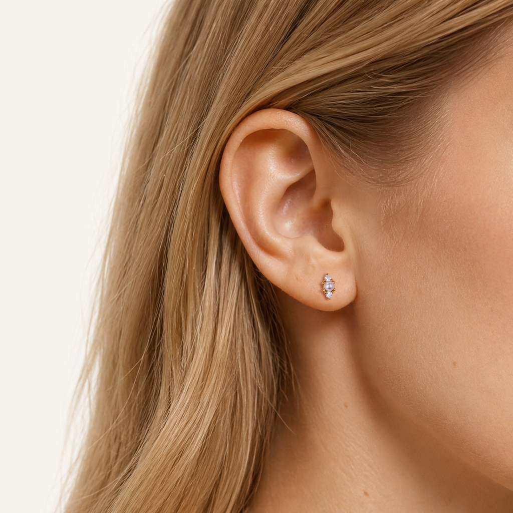 Sterling Silver Irregular Zirconia Pearl Flat Back Earrings worn on the ear