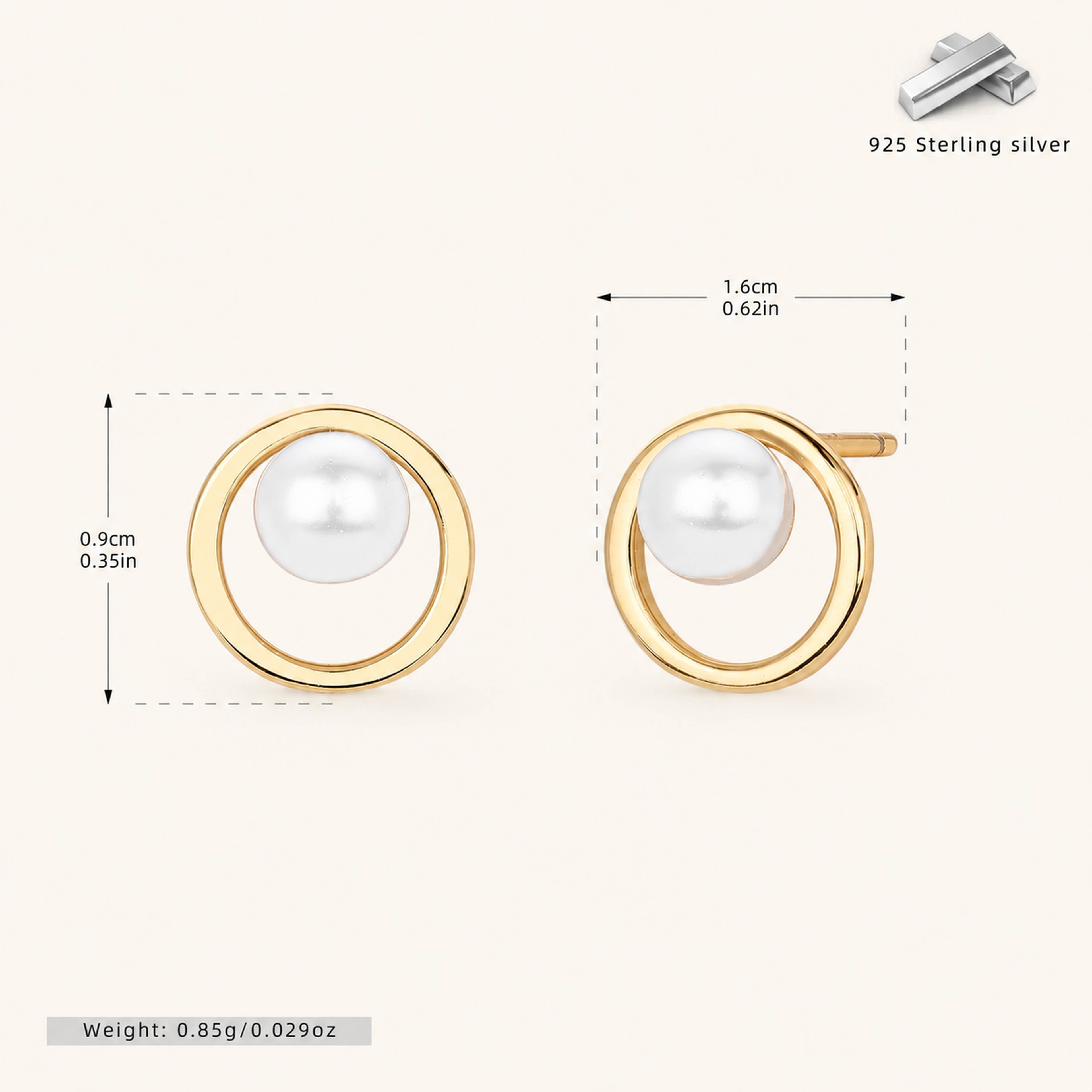 Sterling Silver French Pearl Stud Earrings - Gold