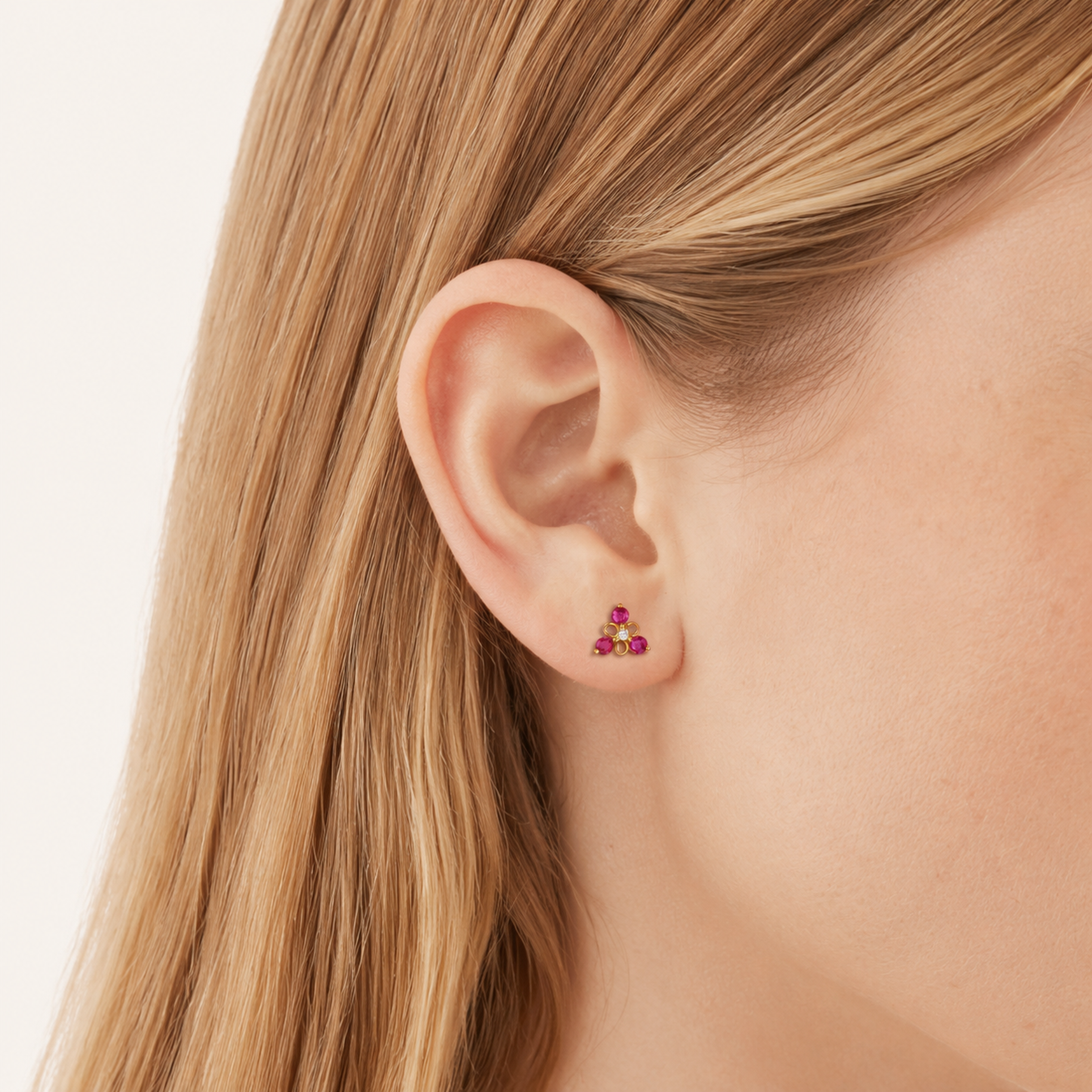 Sterling Silver Triangle Zirconia Flat Back Earrings worn on the ear