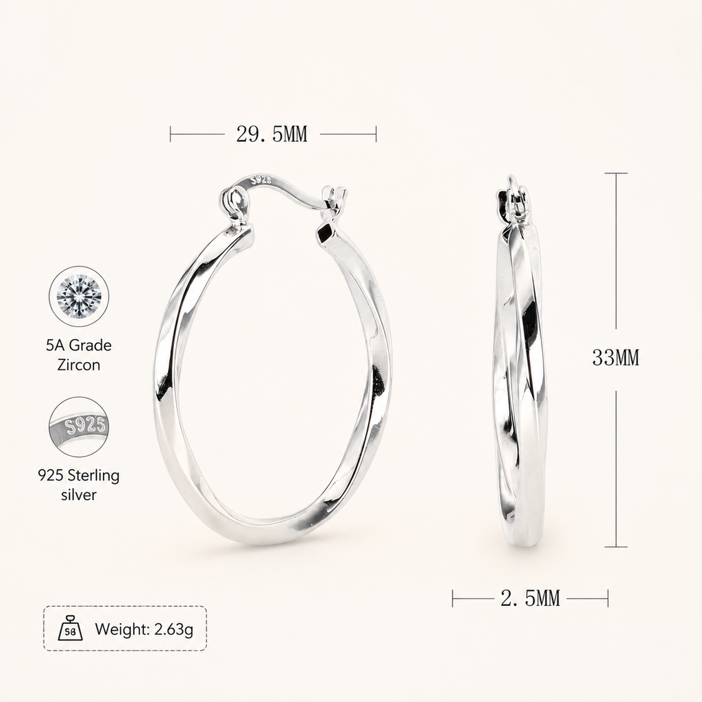 Sterling Silver Twisted Hollow Hoop Earrings - Platinum / 30mm