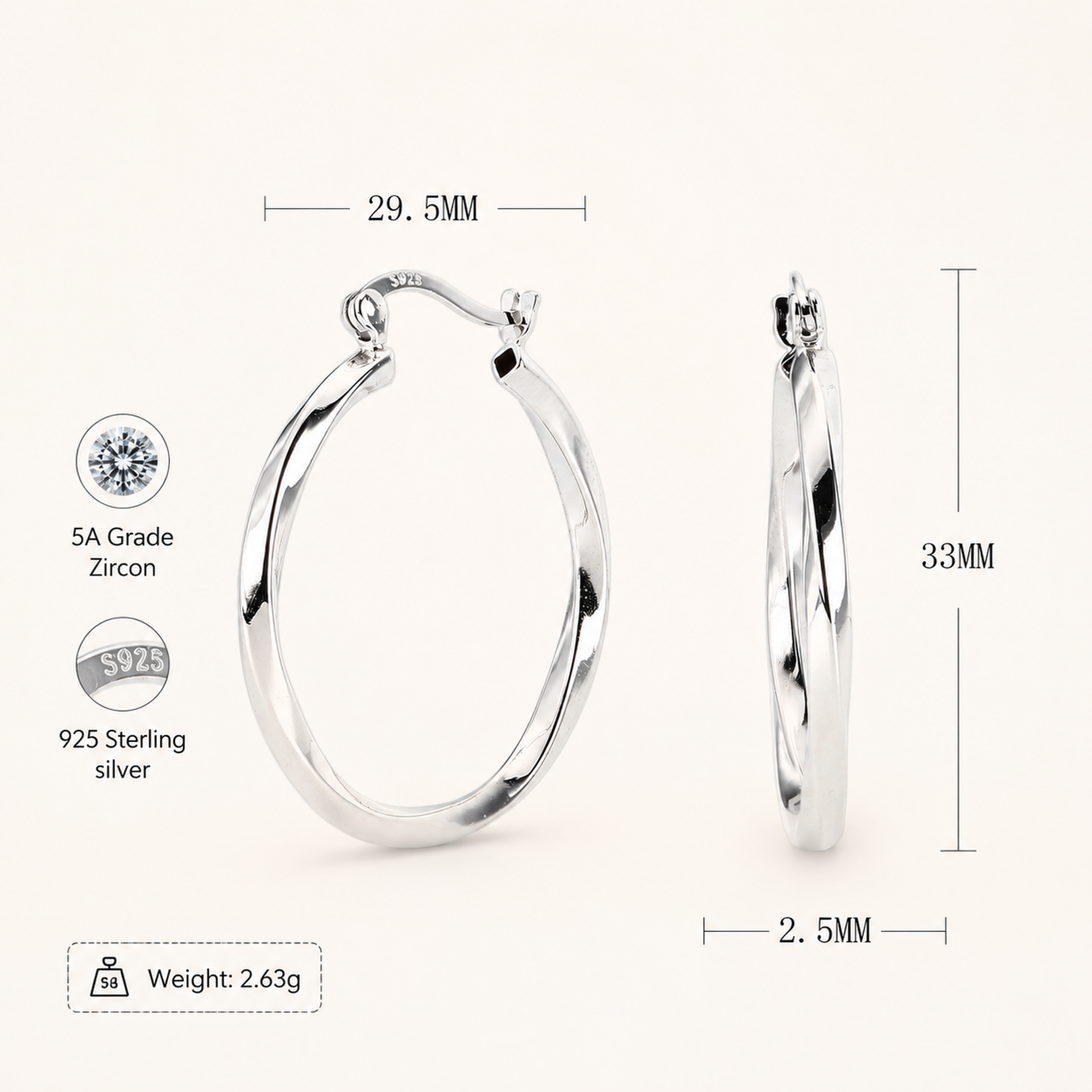 Sterling Silver Twisted Hollow Hoop Earrings - Platinum / 30mm