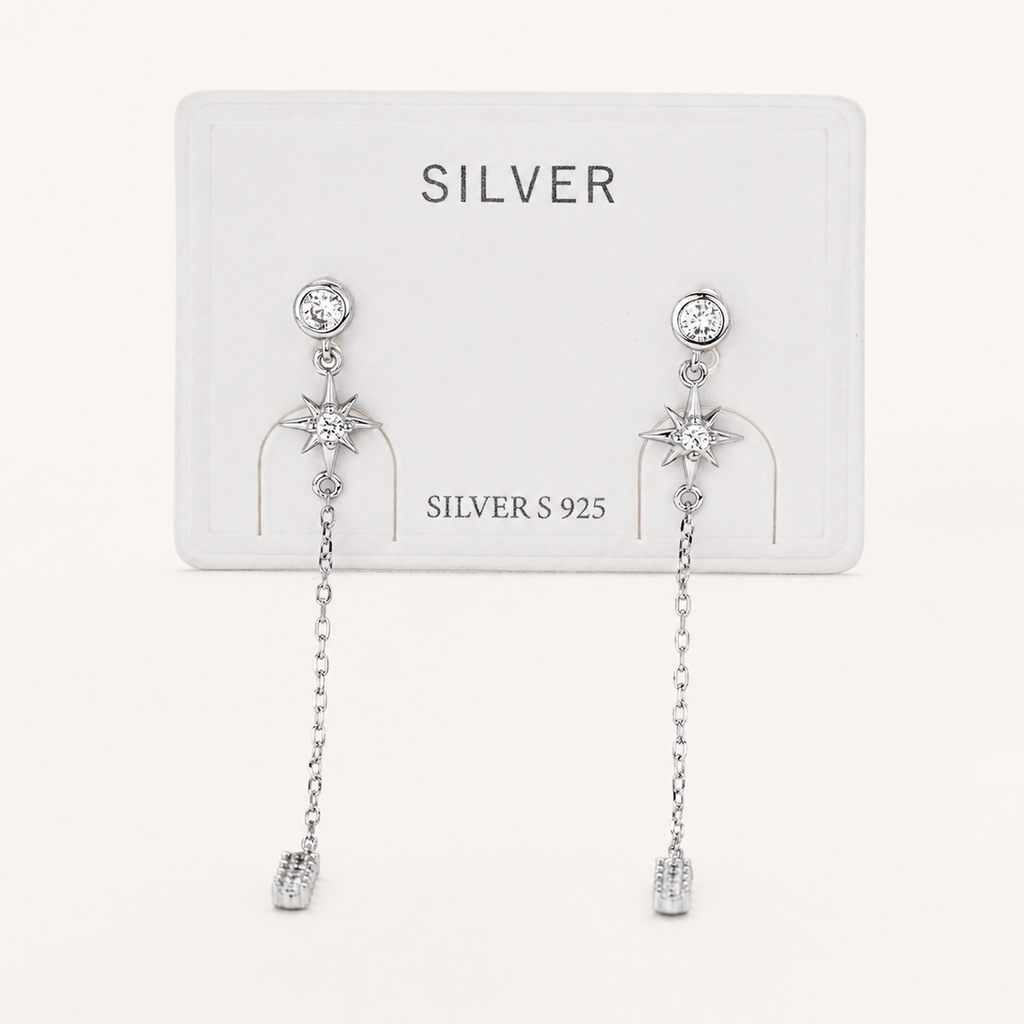 Sterling Silver Zirconia Tassel Chain Drop Stud Earrings detail view
