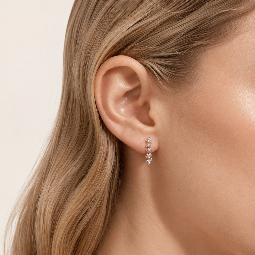 Sterling Silver Zirconia Chain Drop Stud Earrings worn on the ear