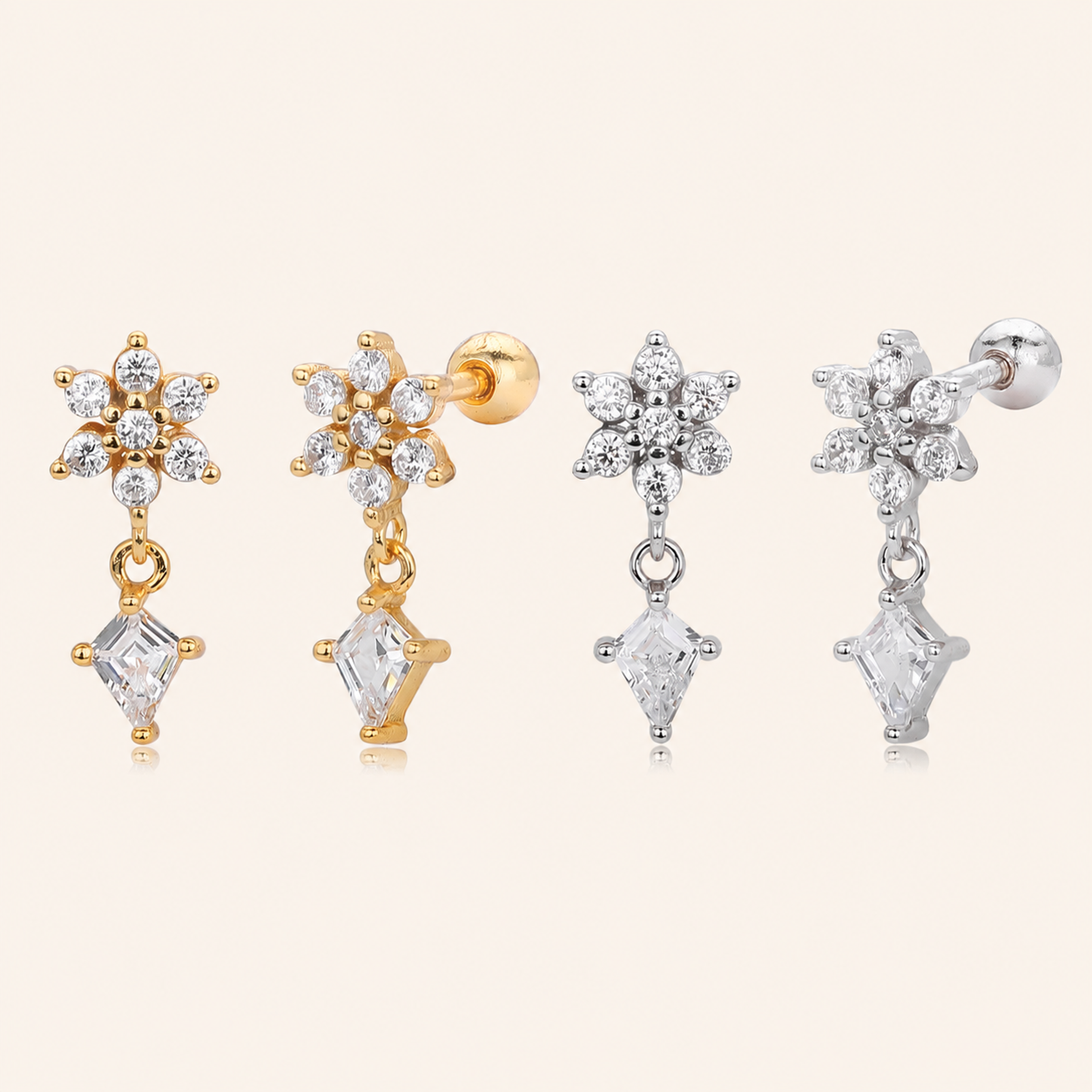 Sterling Silver Flower Zirconia Chain Drop Flat Back Earrings